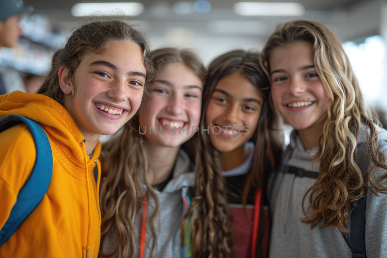 group of four happy teenage students in bright clothes standing in classroom. ai generated