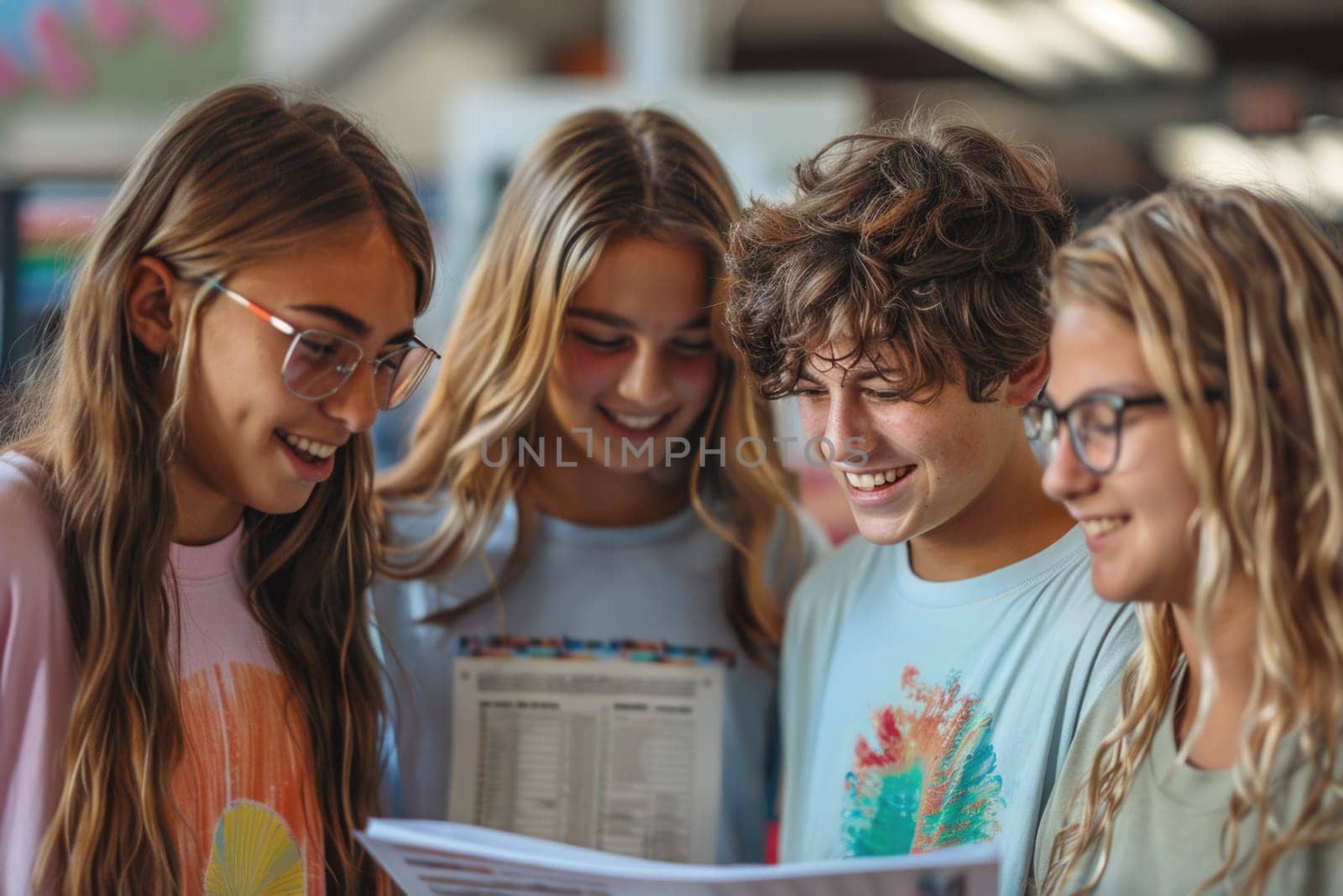 group of 4 smiling teenage students wearing bright clothes looking at the documents standing in classroom. ai generated