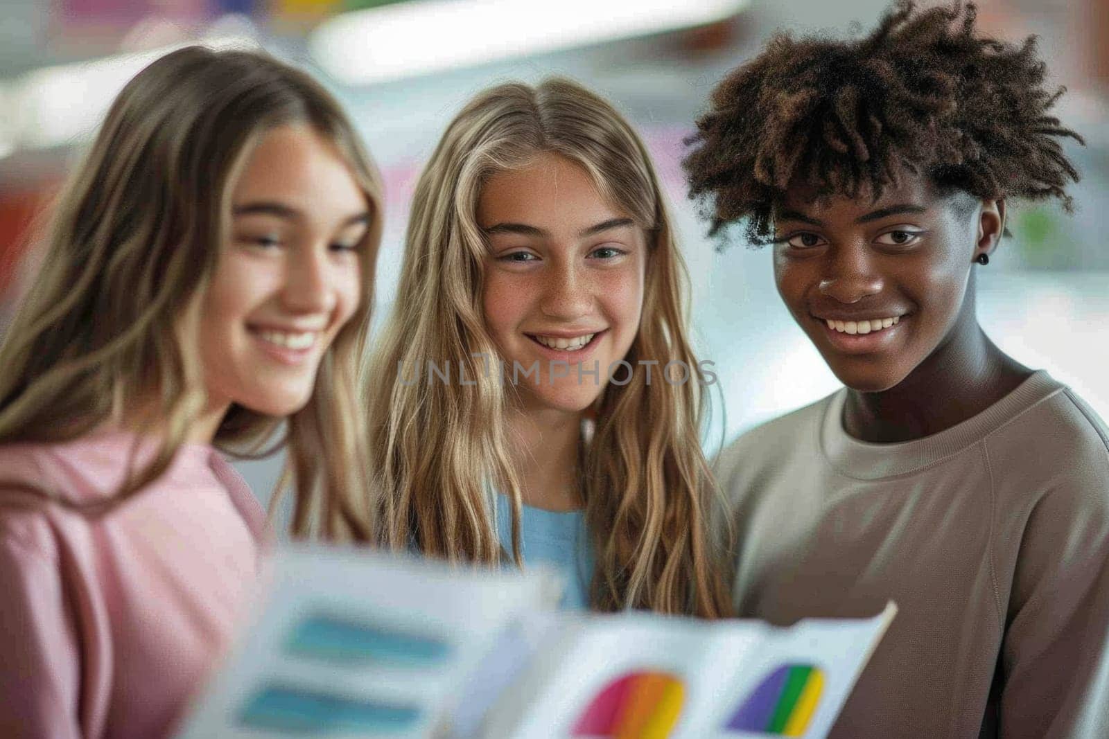 group of 3 smiling teenage students wearing bright clothes looking at the documents standing in classroom. ai generated