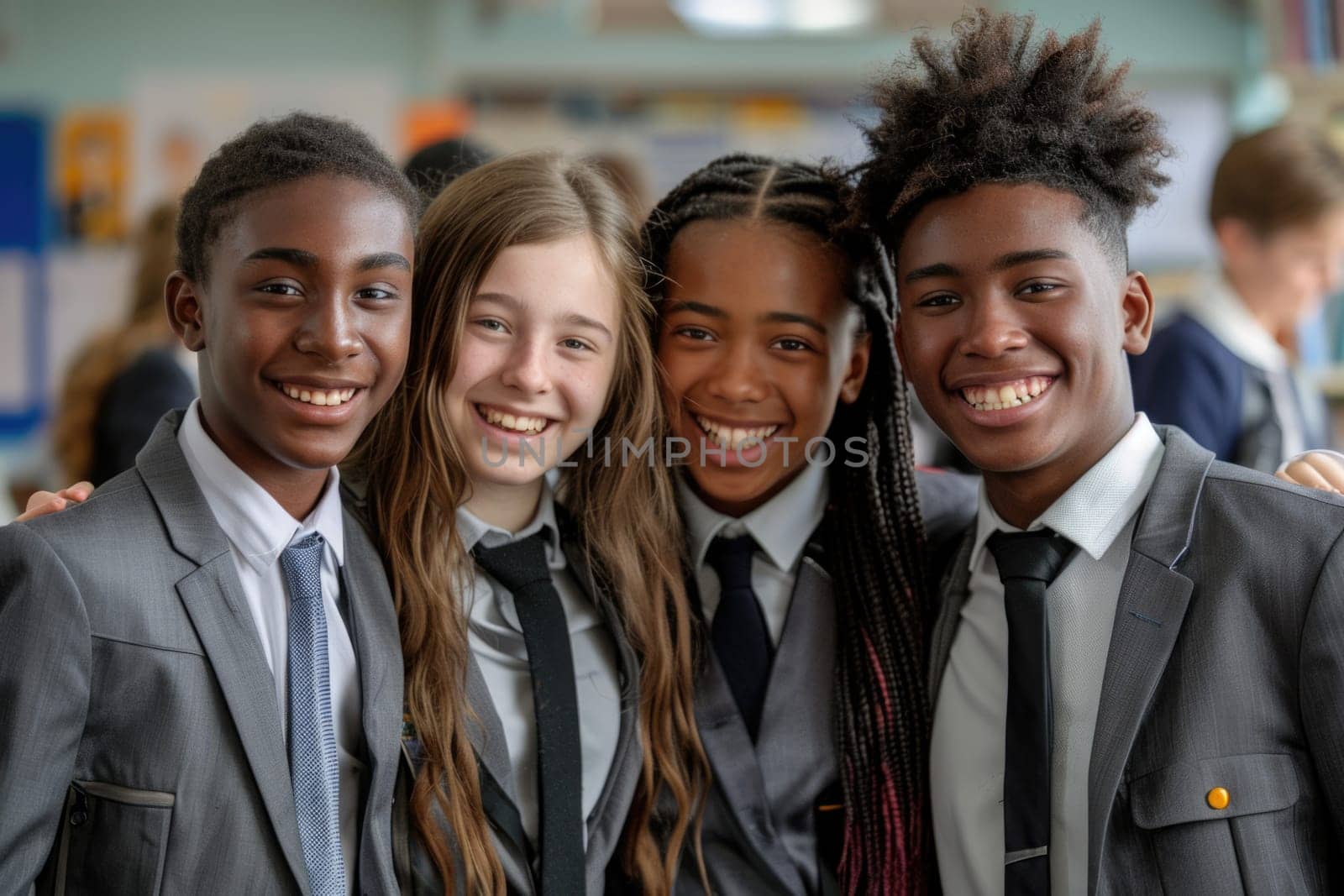 group of 4 smiling teenage students wearing uniform standing in classroom. ai generated