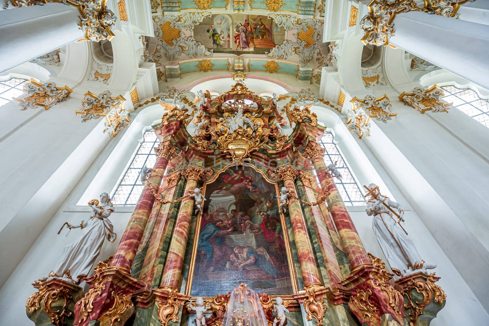 Steingaden, bavaria, germany, MAY 31, 2022 : interiors, frescoes and architectural decors of  church of Wieskirche, designed in the late 1740s by brothers J. B. and Dominikus Zimmermann