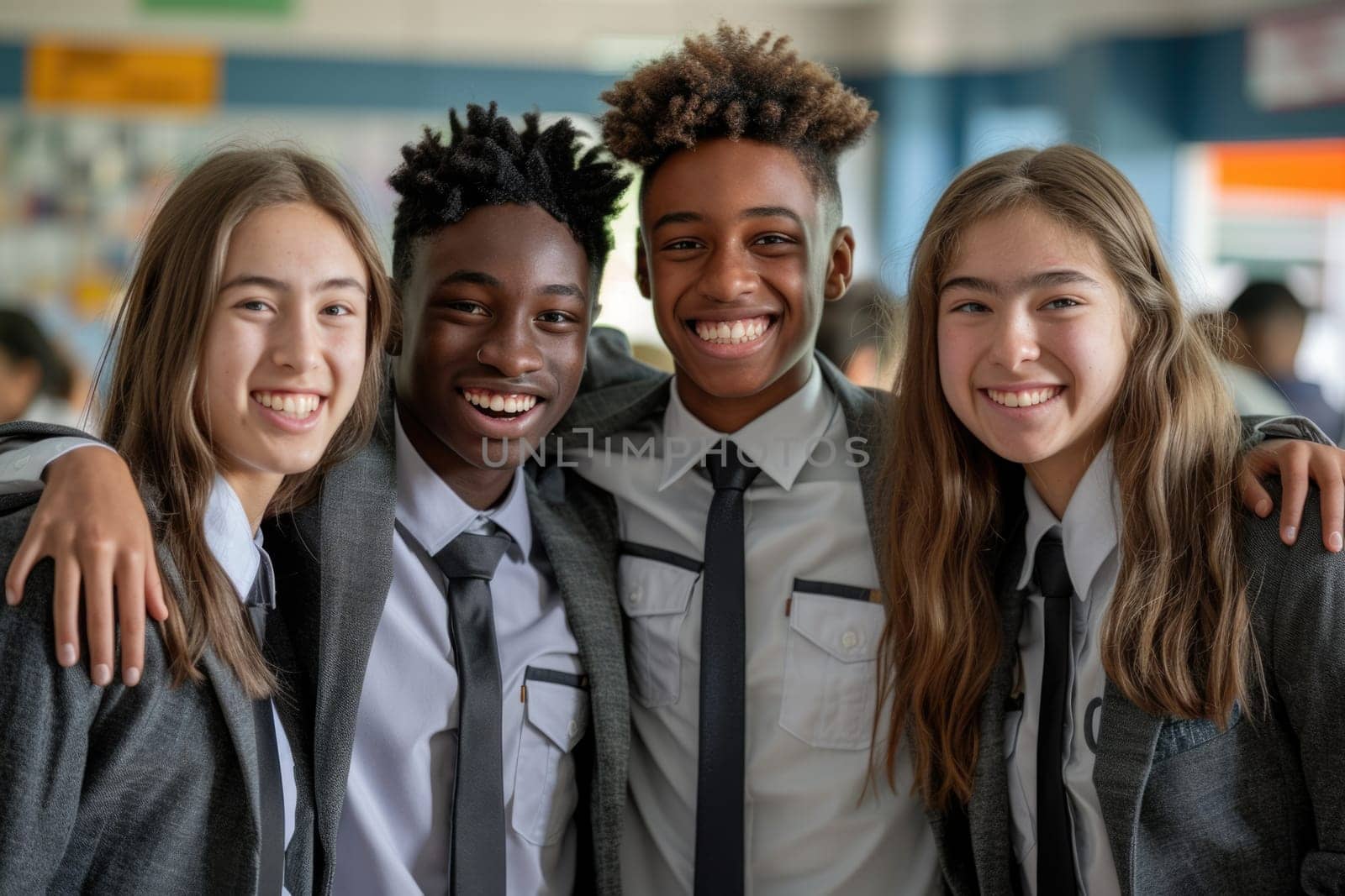 group of 4 smiling teenage students wearing uniform standing in classroom. ai generated