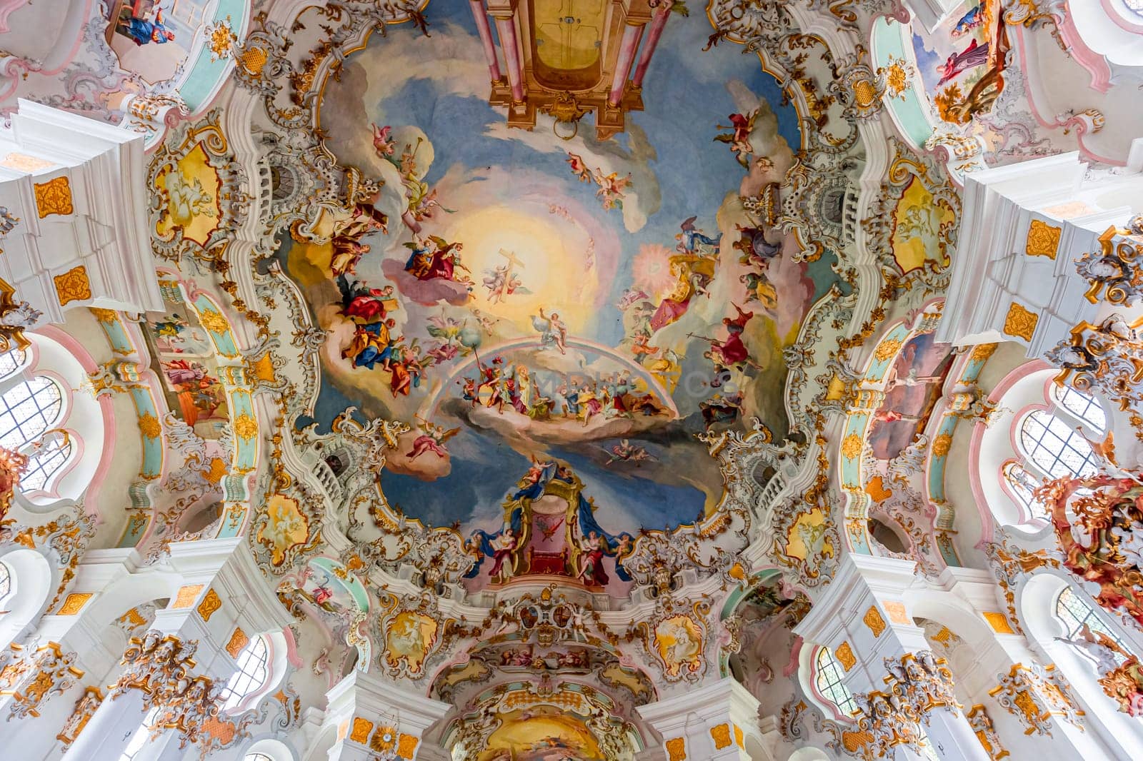 Steingaden, bavaria, germany, MAY 31, 2022 : interiors, frescoes and architectural decors of  church of Wieskirche, designed in the late 1740s by brothers J. B. and Dominikus Zimmermann