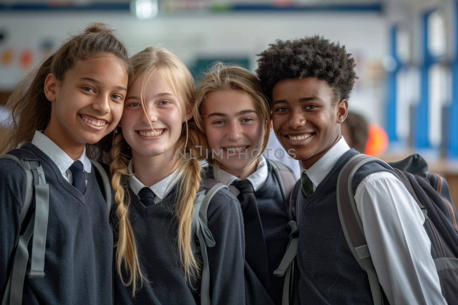 group of 4 smiling teenage students wearing uniform standing in classroom. ai generated