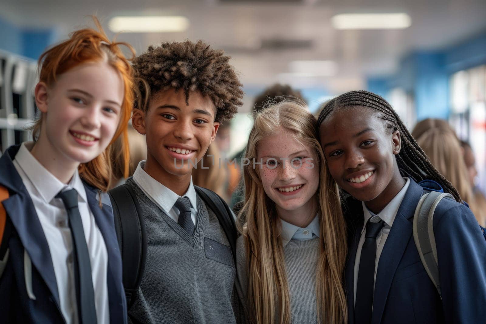 group of 4 smiling teenage students wearing uniform standing in classroom. ai generated