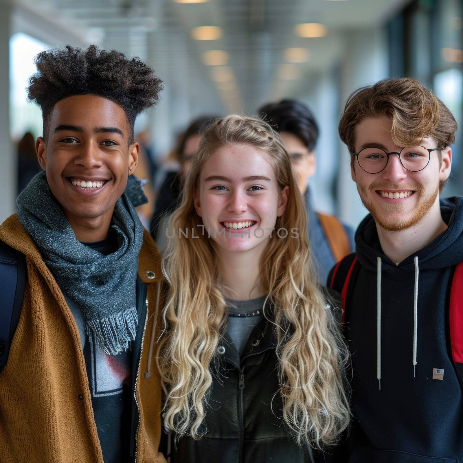 group of four happy teenage students standing in classroom. ai generated