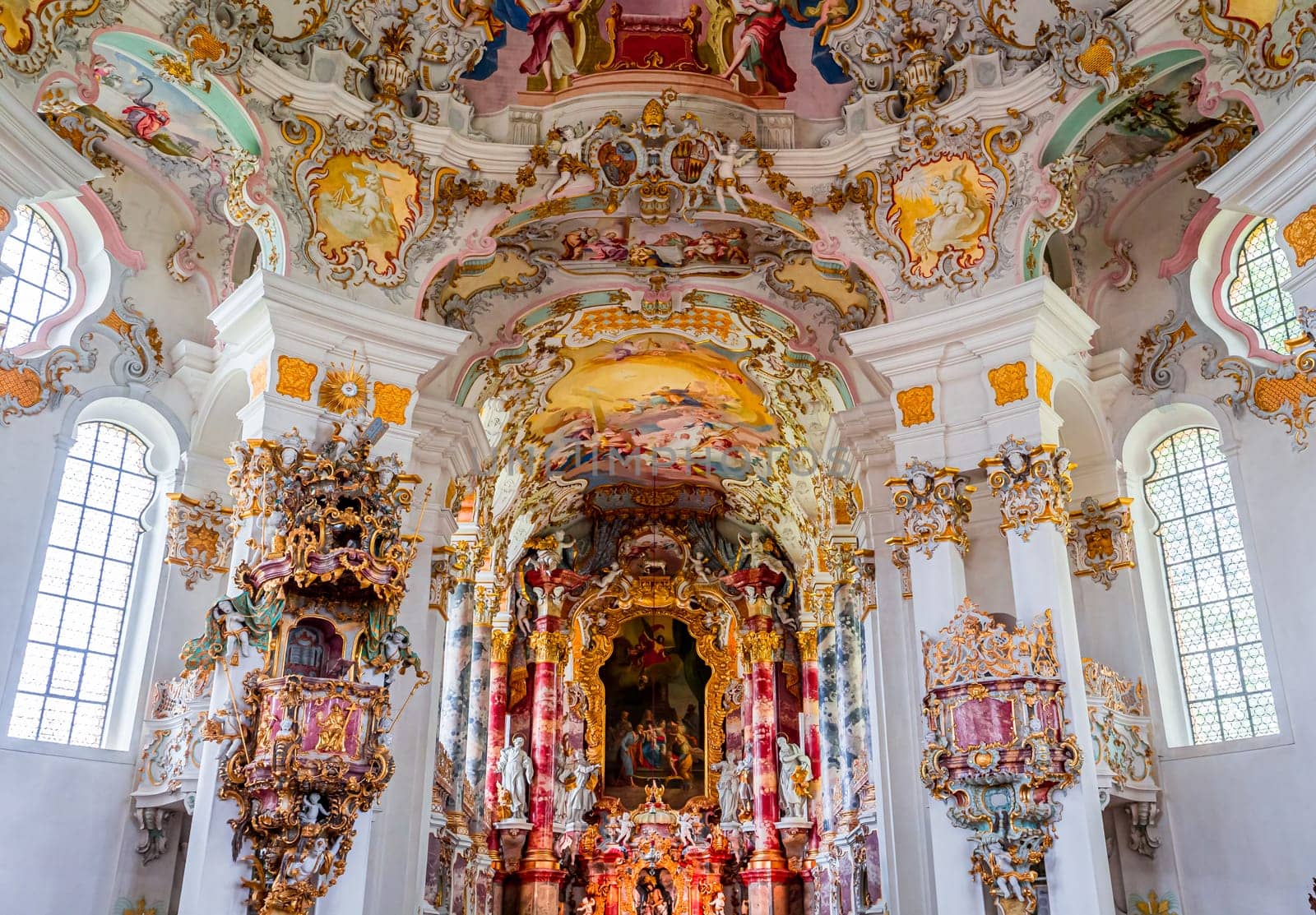 Steingaden, bavaria, germany, MAY 31, 2022 : interiors, frescoes and architectural decors of  church of Wieskirche, designed in the late 1740s by brothers J. B. and Dominikus Zimmermann