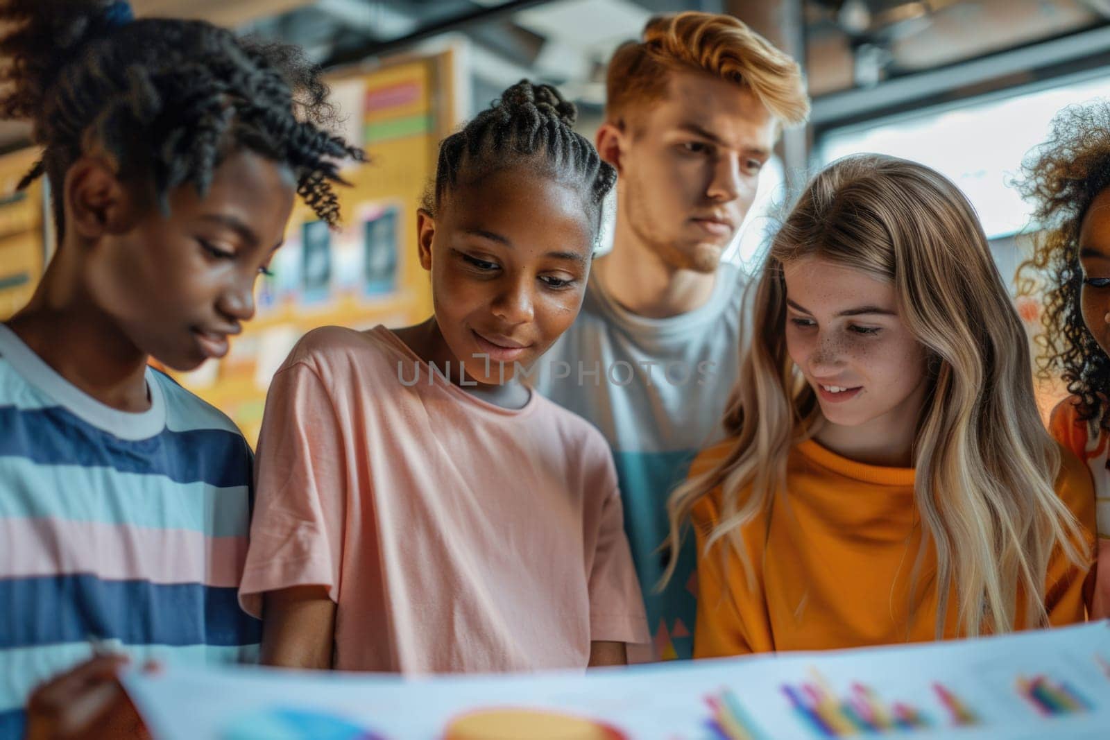 group of teenage students looking at the documents standing in classroom. ai generated