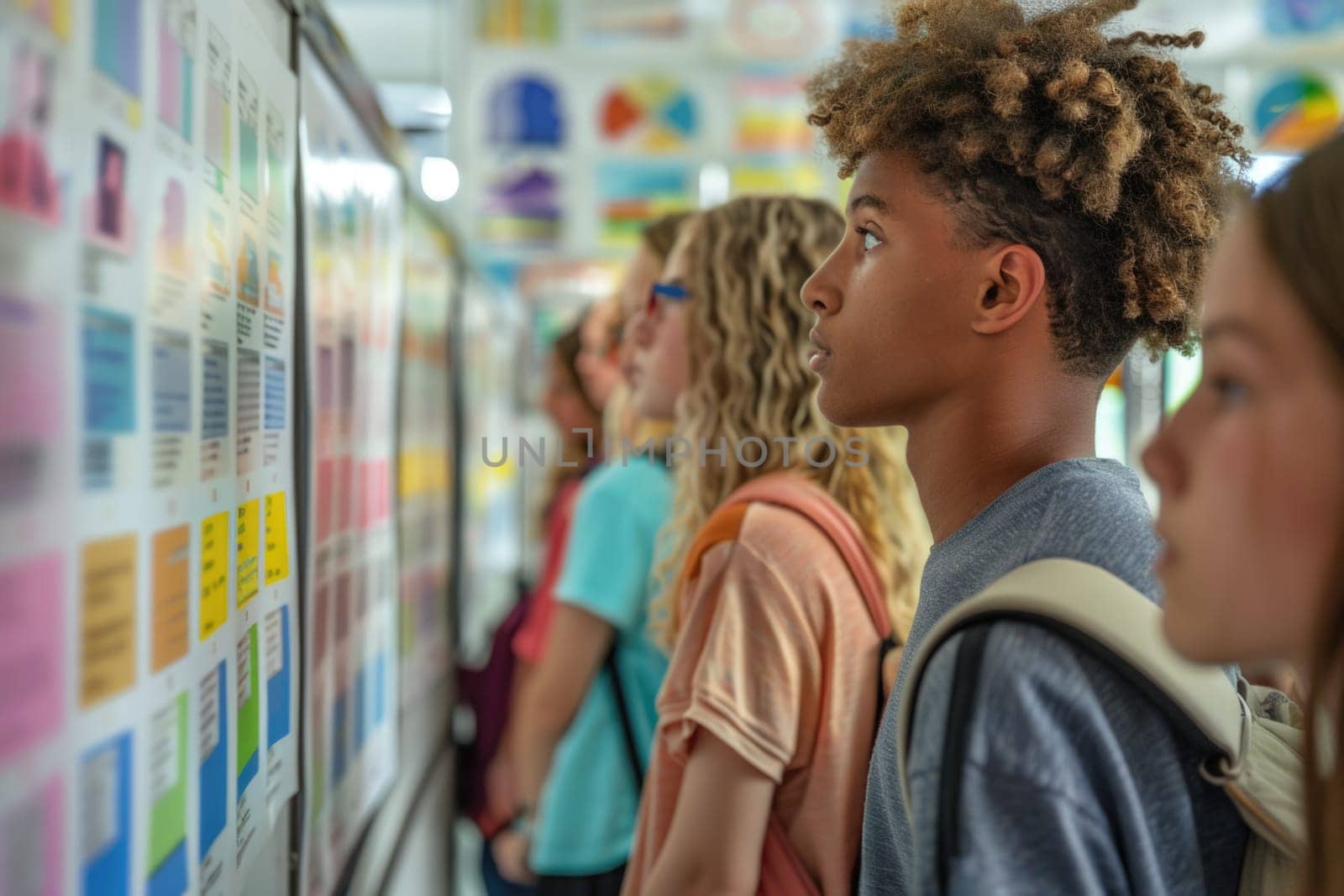 group of smiling teenage students wearing bright clothes looking at the charts at the board standing in classroom. ai generated