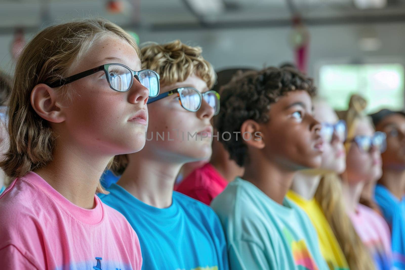 group of teenage students looking at the documents standing in classroom. ai generated