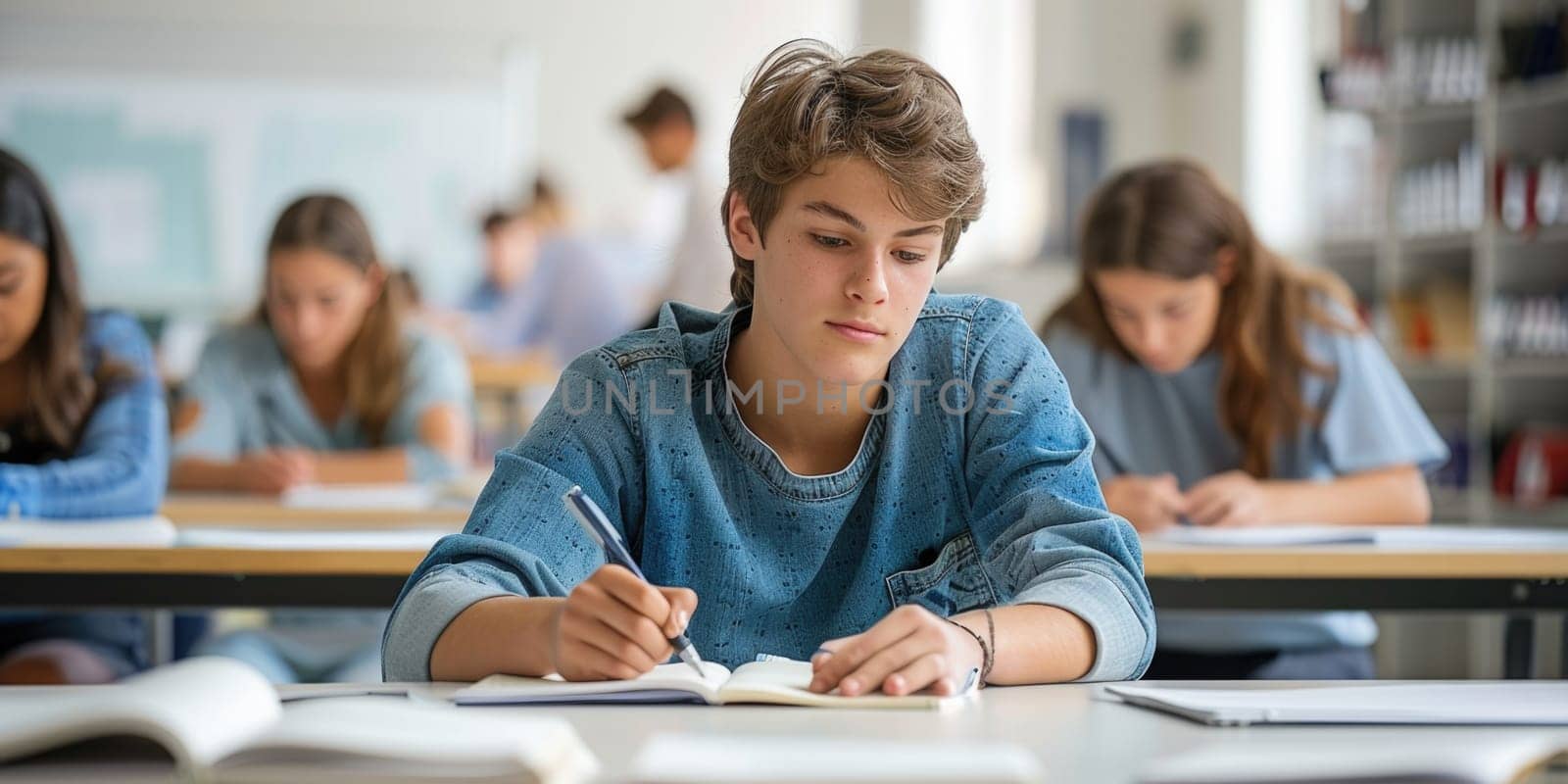 teen boy writing exam in the classroom. ai generated by Desperada