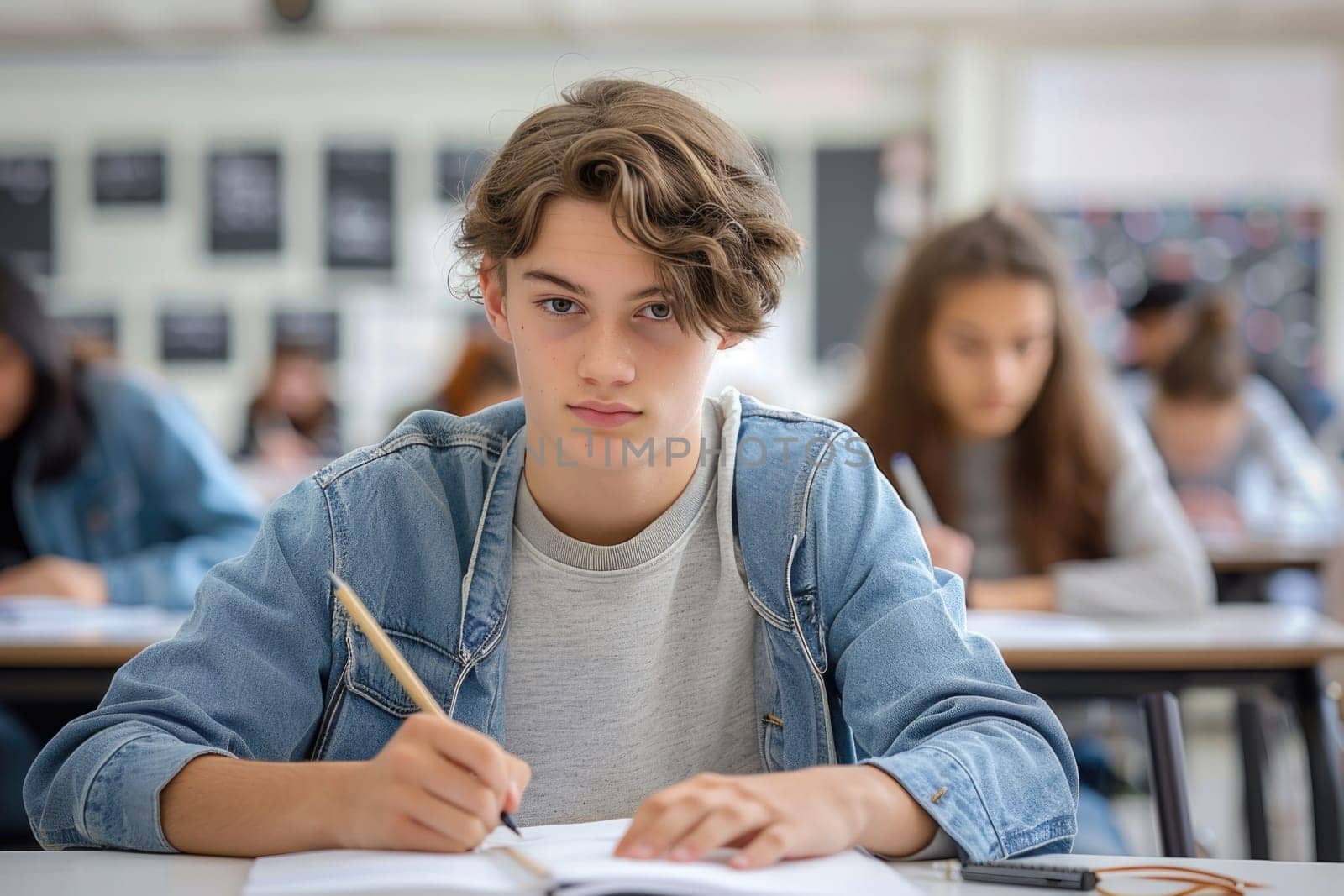 teenager boy writing exam in the classroom. ai generated