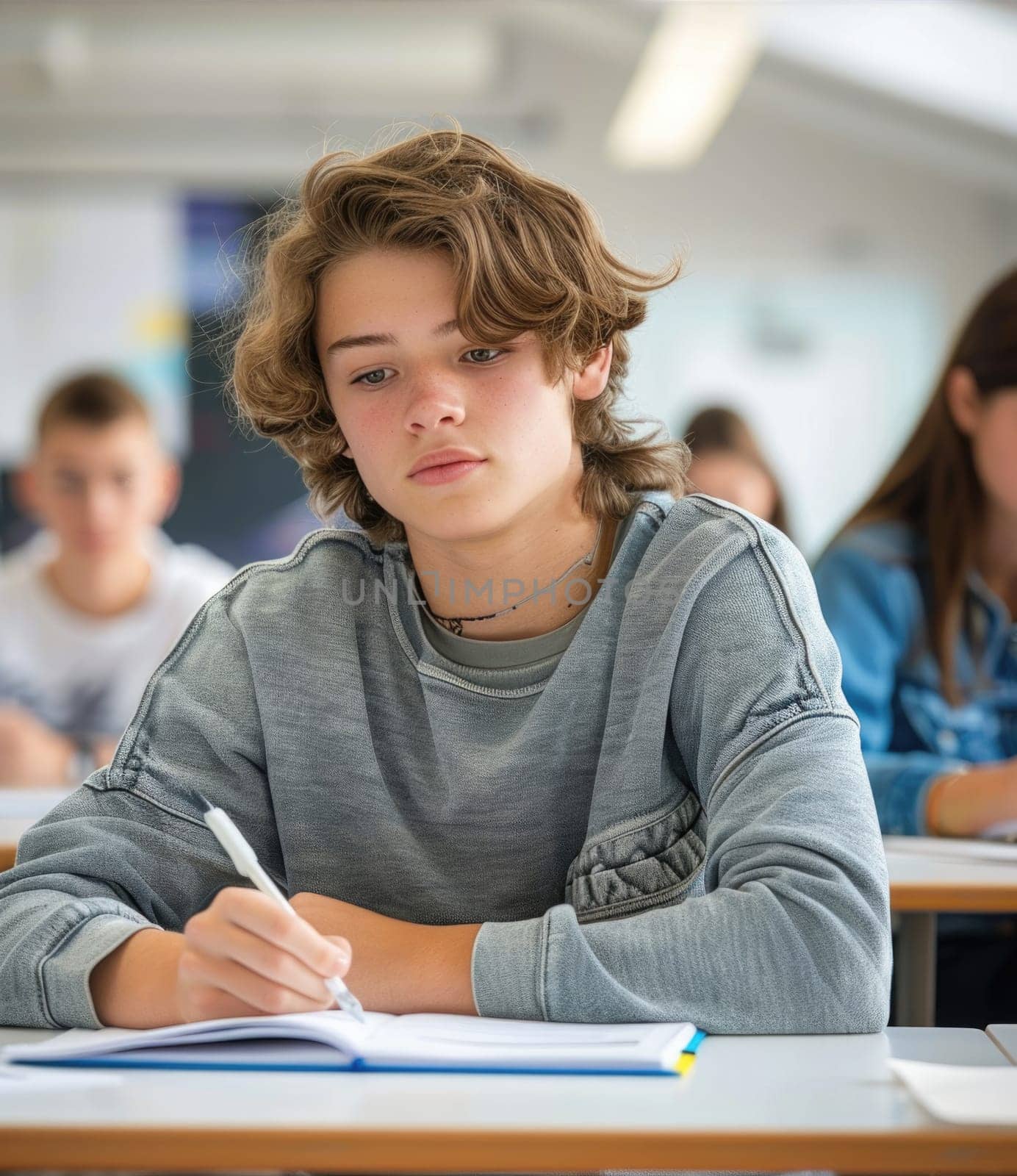 teenager boy writing exam in the classroom. ai generated