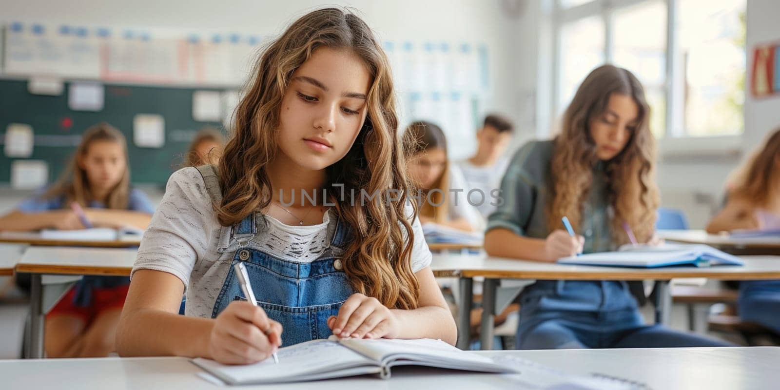 teenager girl writing exam in the classroom. ai generated