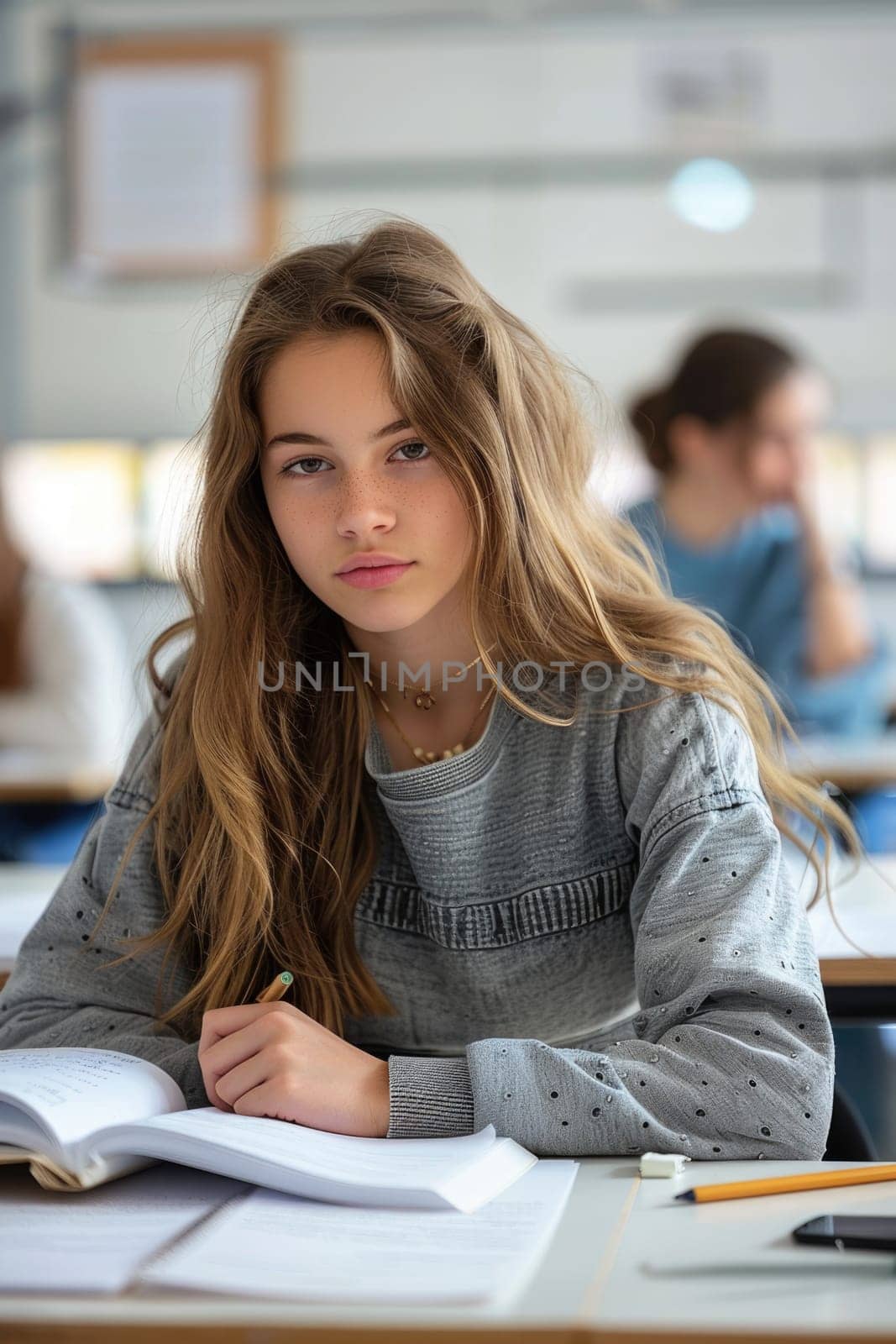 teenager girl writing exam in the classroom. ai generated