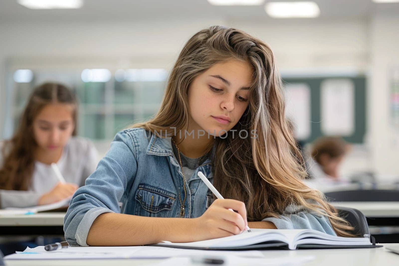 teenager girl writing exam in the classroom. ai generated