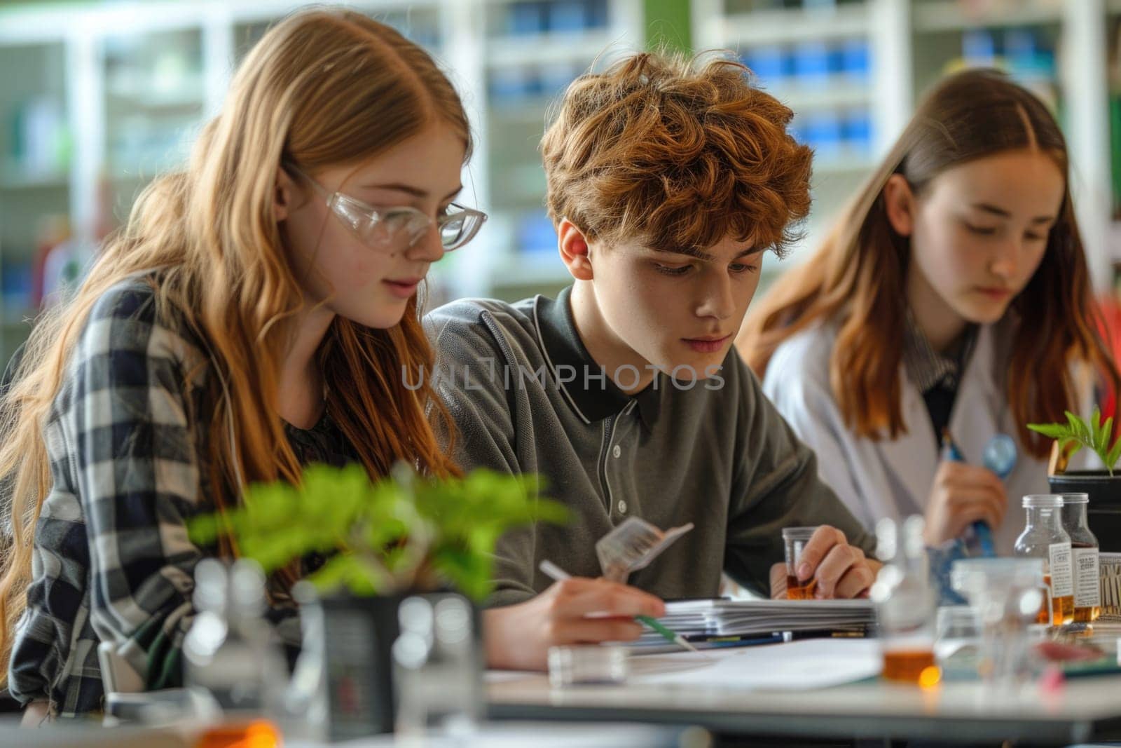 teenage boy and girl working on biology class. ai generated