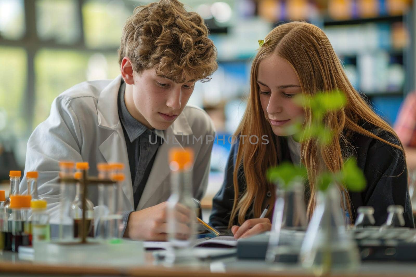 teenage boy and girl working on biology class. ai generated