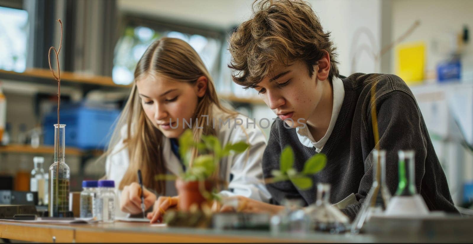 teenage boy and girl working on biology class. ai generated