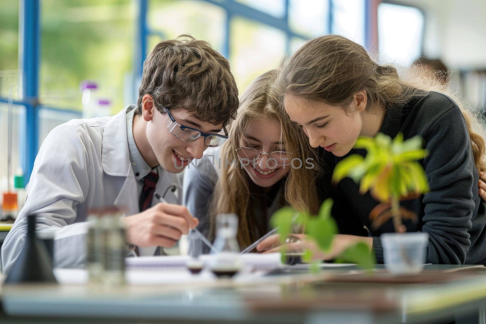 teenage boy and girl working on biology class. ai generated