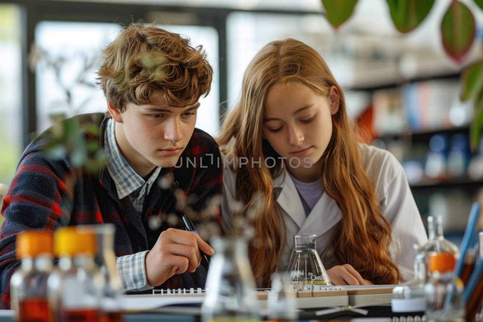 teenage boy and girl working on biology class. ai generated by Desperada