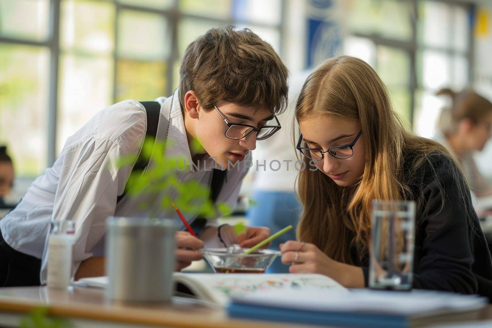 teenage boy and girl working on biology class. ai generated by Desperada
