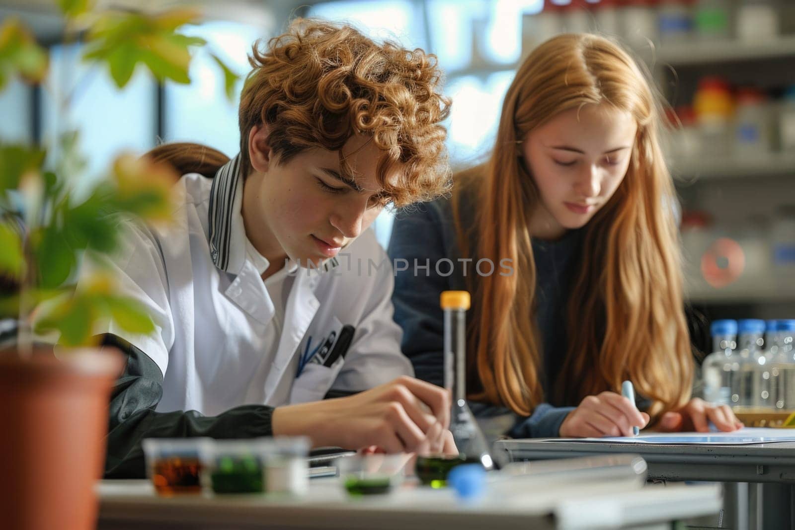 teenage boy and girl working on biology class. ai generated