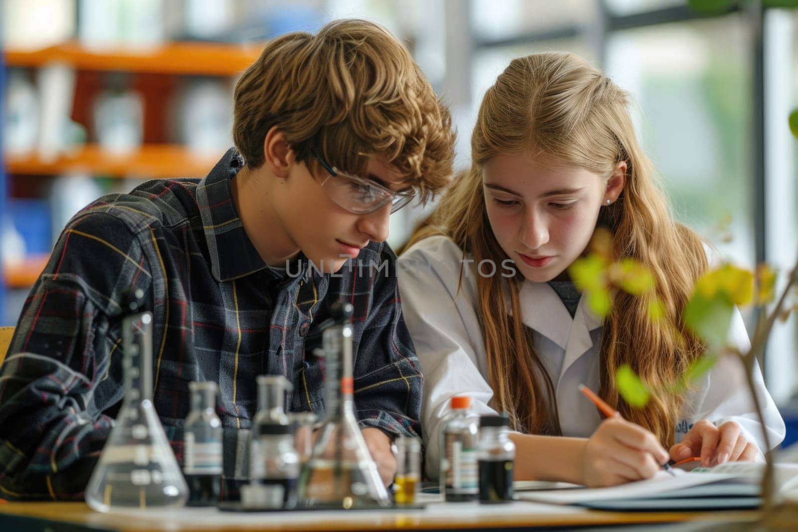 teenage boy and girl working on biology class. ai generated by Desperada