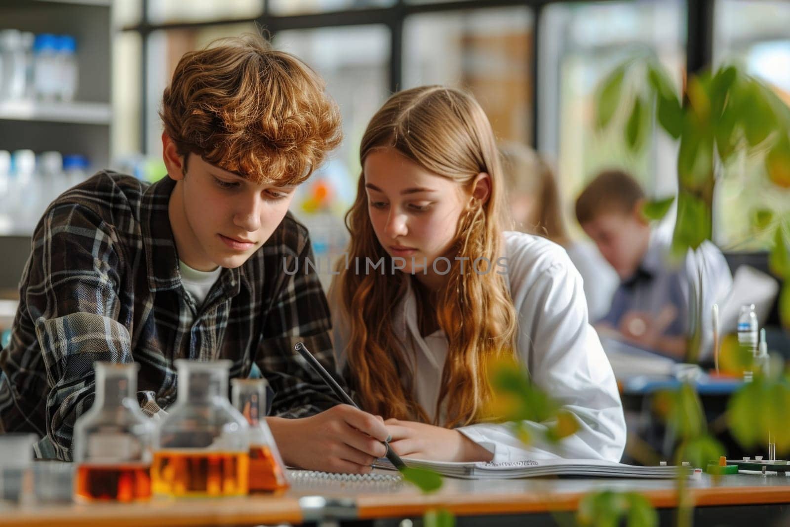 teenage boy and girl working on biology class. ai generated