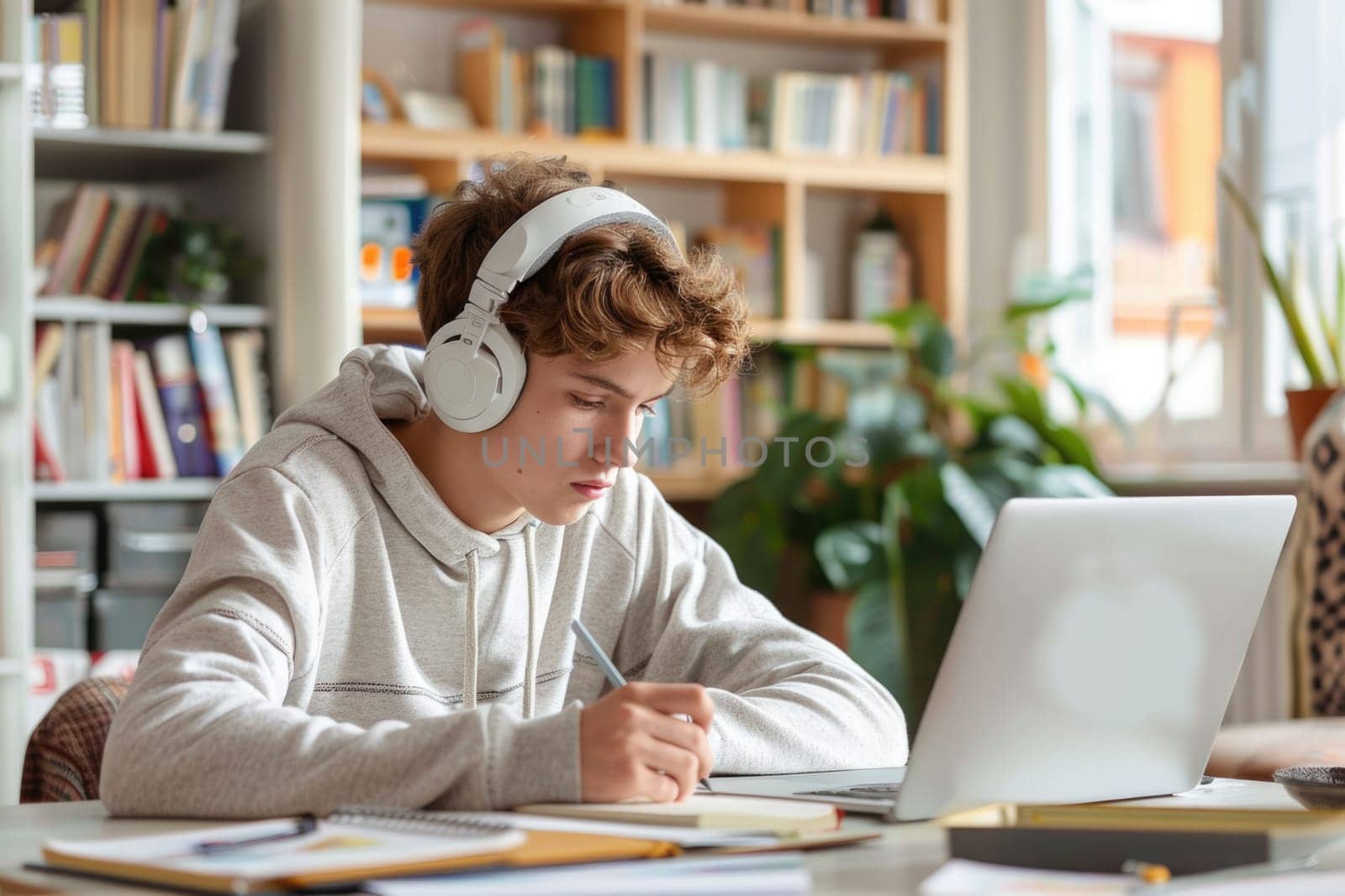 teenage boy sitting at the study desk writing homework at home, using laptop. ai generated