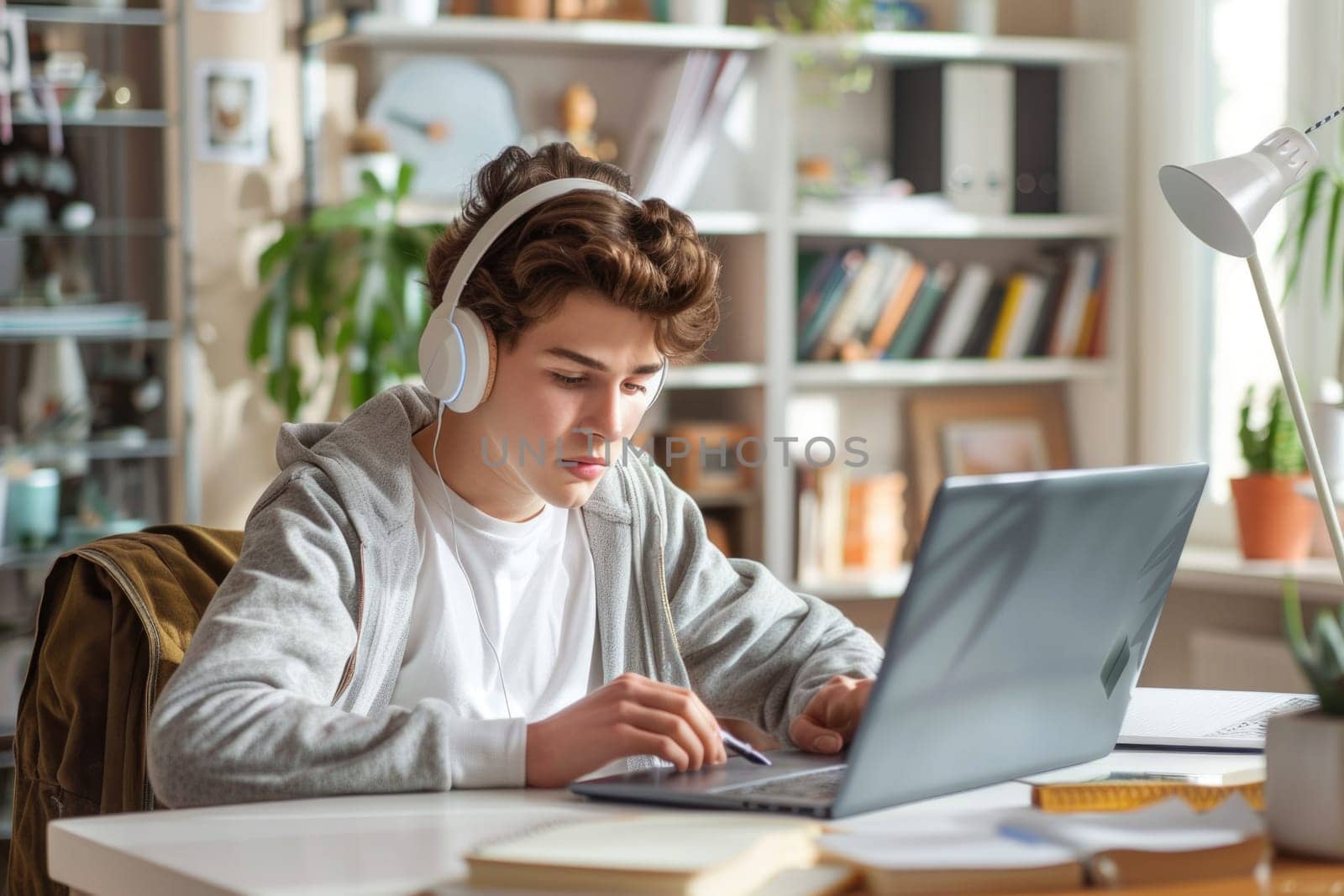 teenage boy sitting at the study desk writing homework. ai generated by Desperada