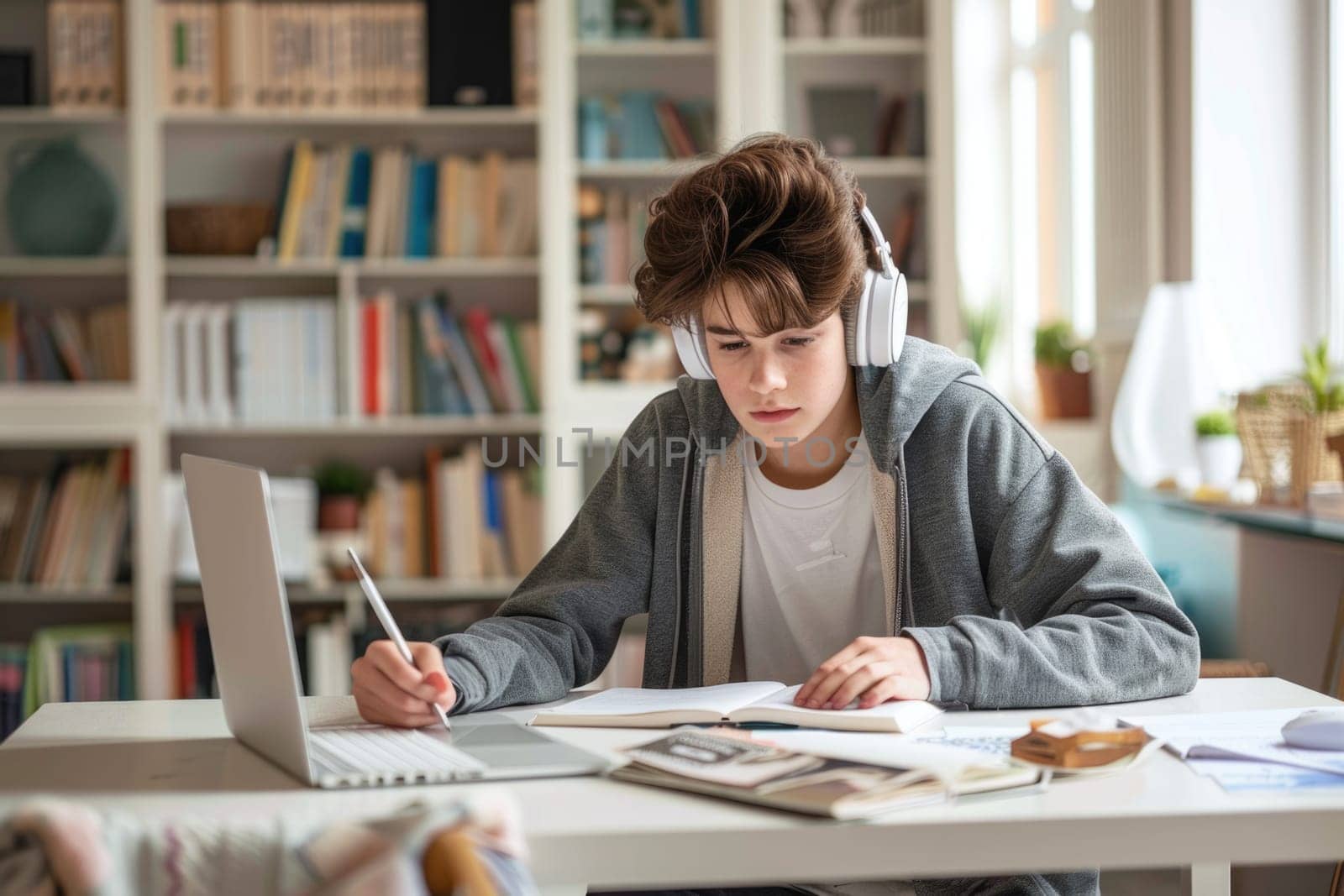 teenage boy sitting at the study desk writing homework at home, using laptop. ai generated