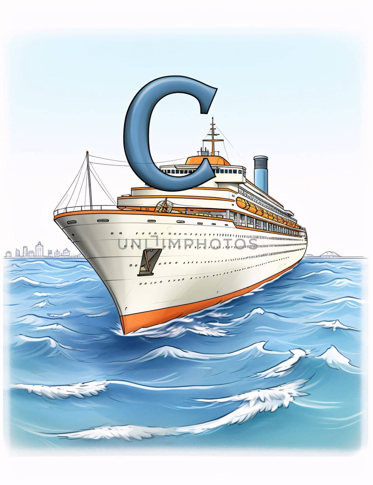 Graphic alphabet letters: Cruise ship in the sea with a blue arrow. Vector illustration.