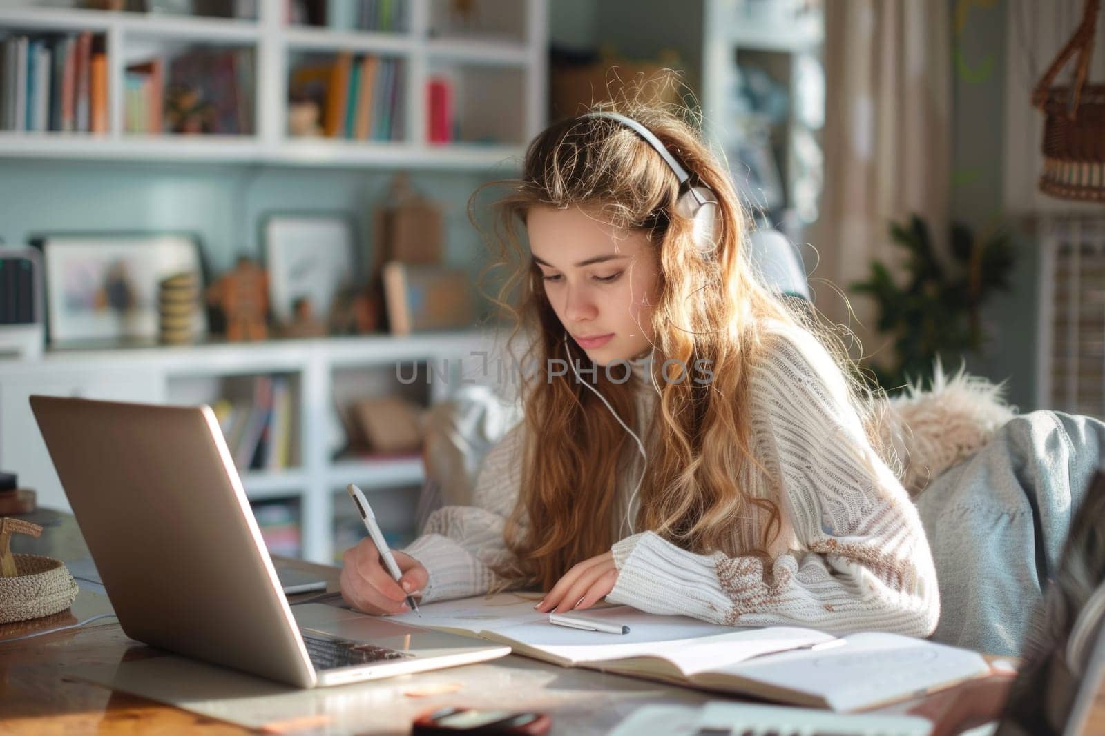 teenage girl sitting at the study desk writing homework at home, using laptop. ai generated