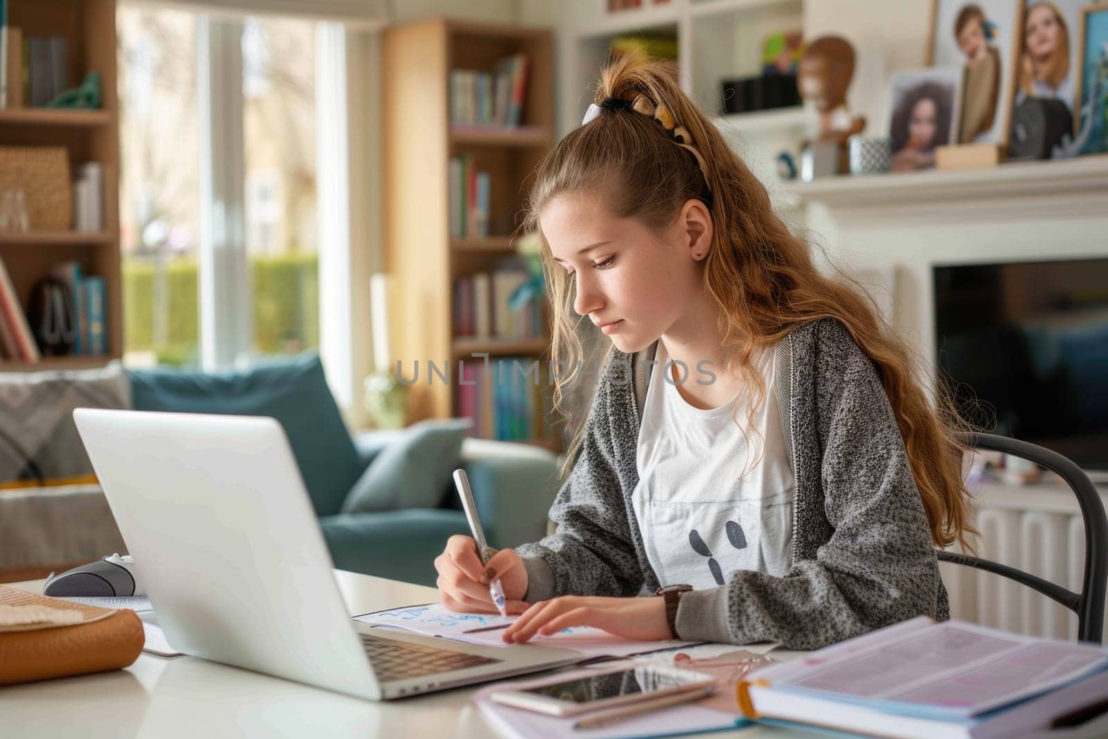 teenage girl sitting at the study desk writing homework at home, using laptop. ai generated