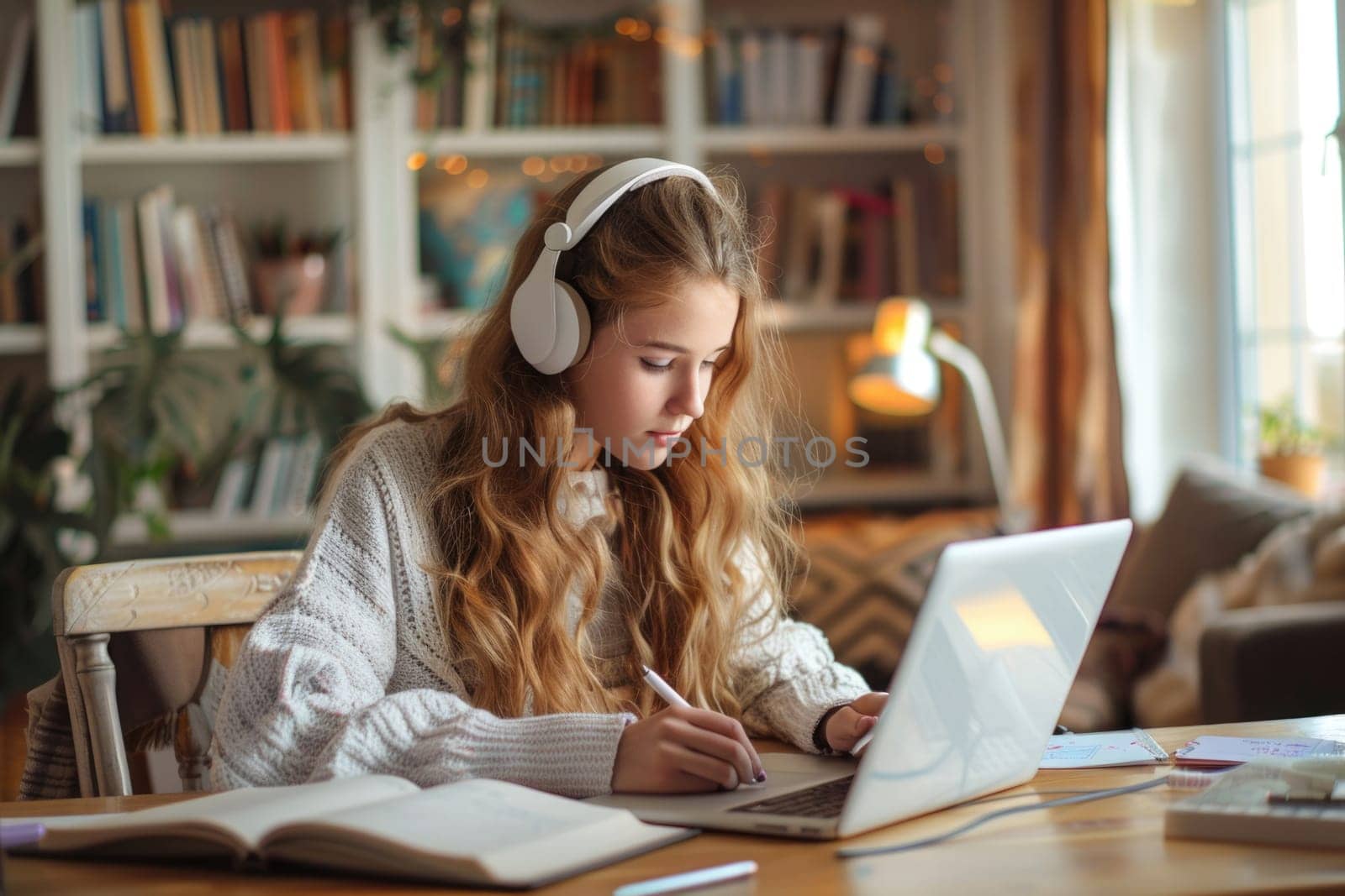 teenage girl sitting at the study desk writing homework. ai generated by Desperada