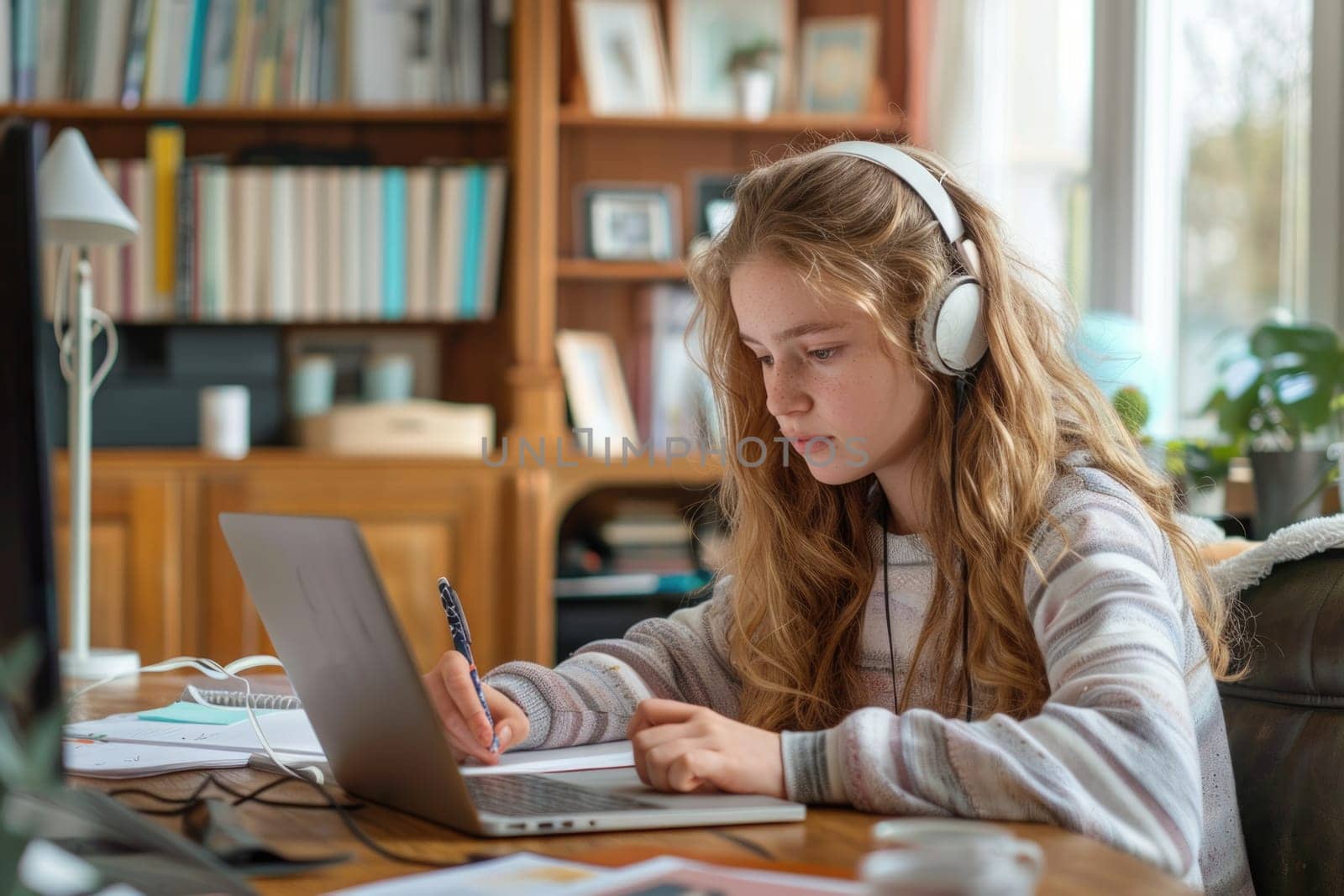 teenage girl sitting at the study desk writing homework at home, using laptop. ai generated