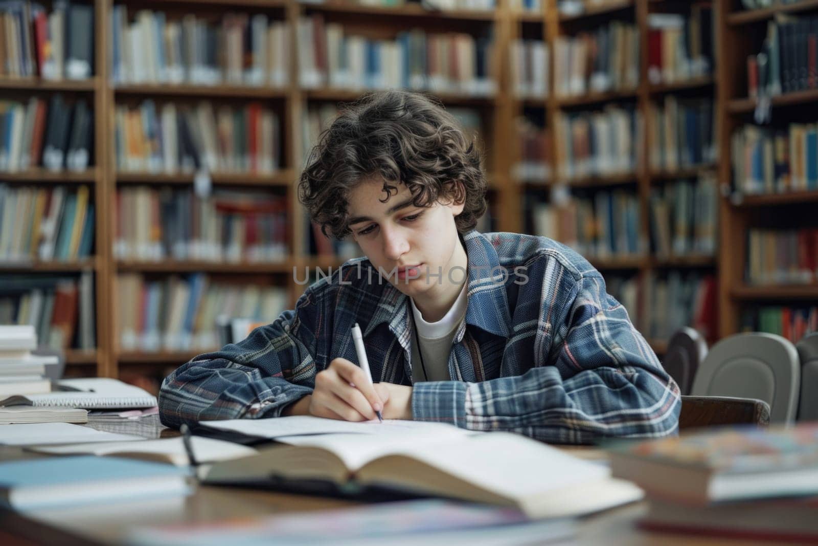 TEENAGE BOY SITTING AT THE DESK in the library WRITING homework. ai generated