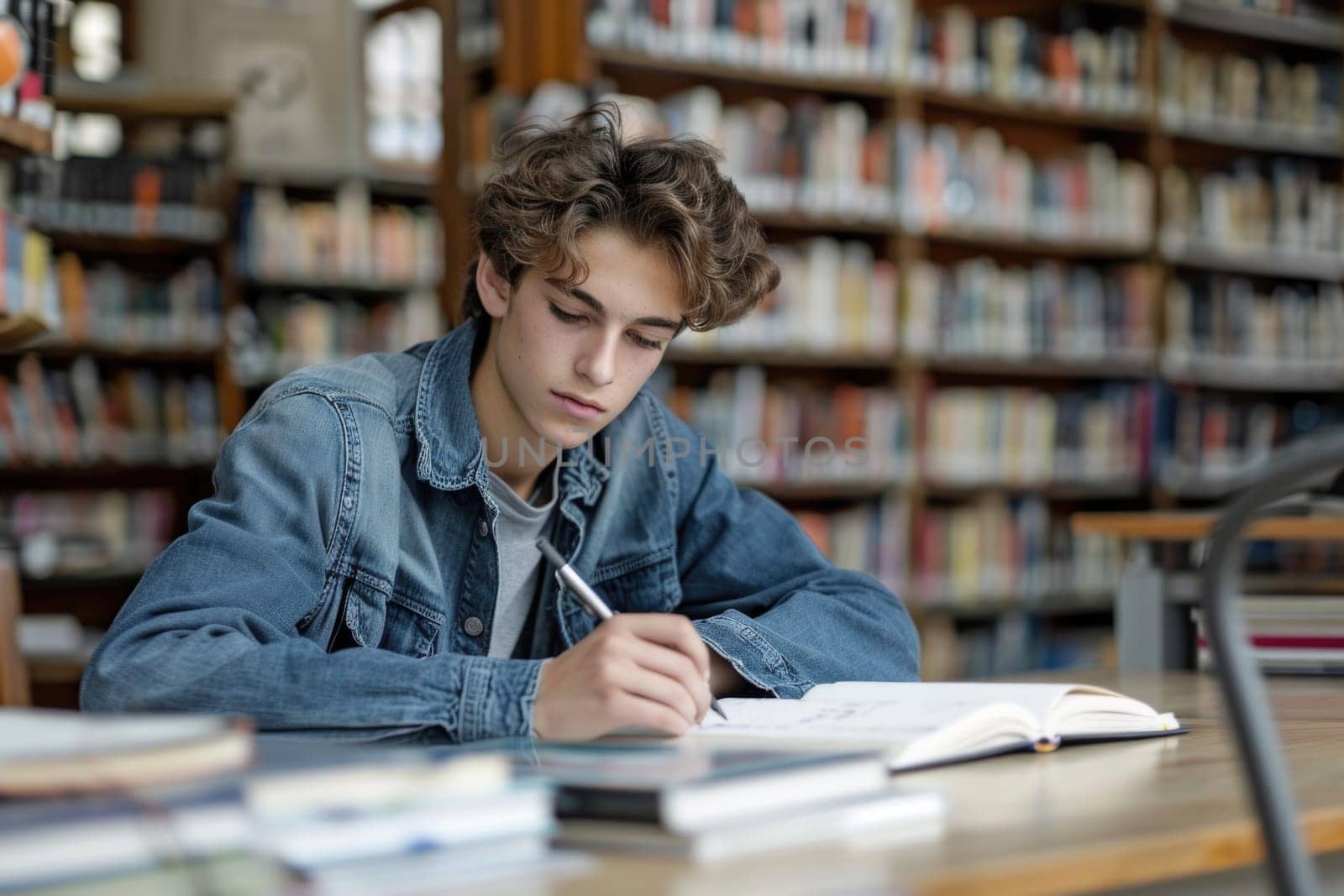 TEENAGE BOY SITTING AT THE DESK in the library WRITING homework. ai generated by Desperada