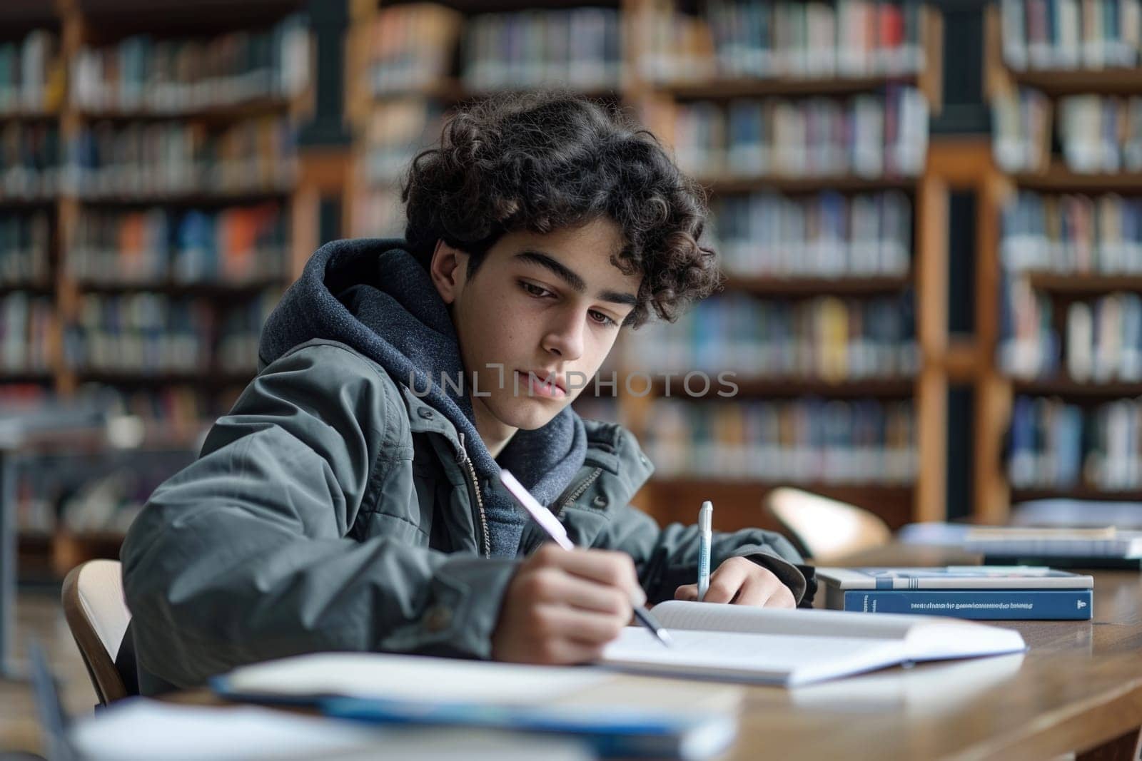 TEENAGE BOY SITTING AT THE DESK in the library WRITING homework. ai generated