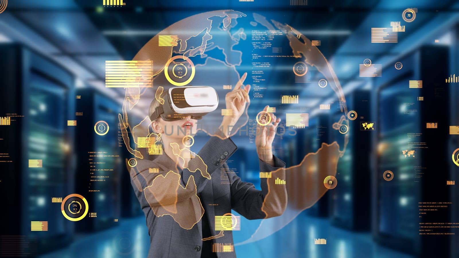 Woman selecting point world market data rotating graph analysis monitor by VR future global innovation interface digital infographic network technology virtual hologram animation server. Contraption.