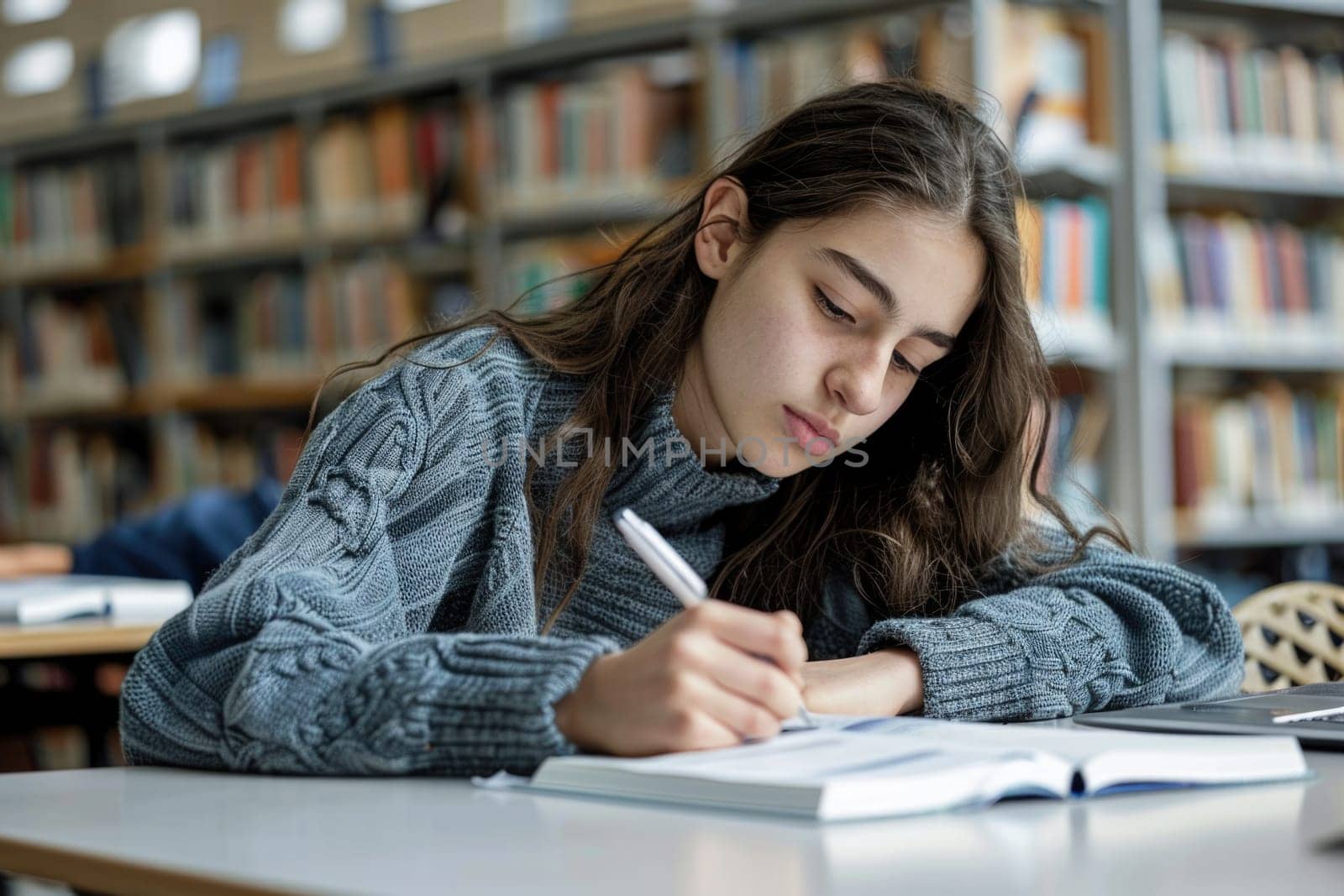 TEENAGE girl SITTING AT THE DESK in the library WRITING homework. ai generated by Desperada