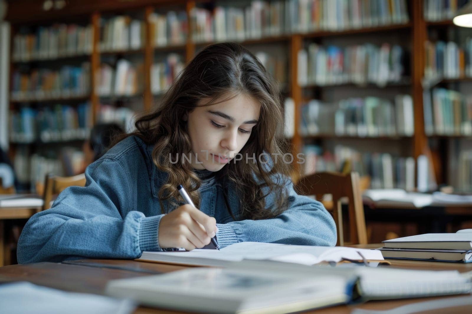 TEENAGE girl SITTING AT THE DESK in the library WRITING homework. ai generated by Desperada