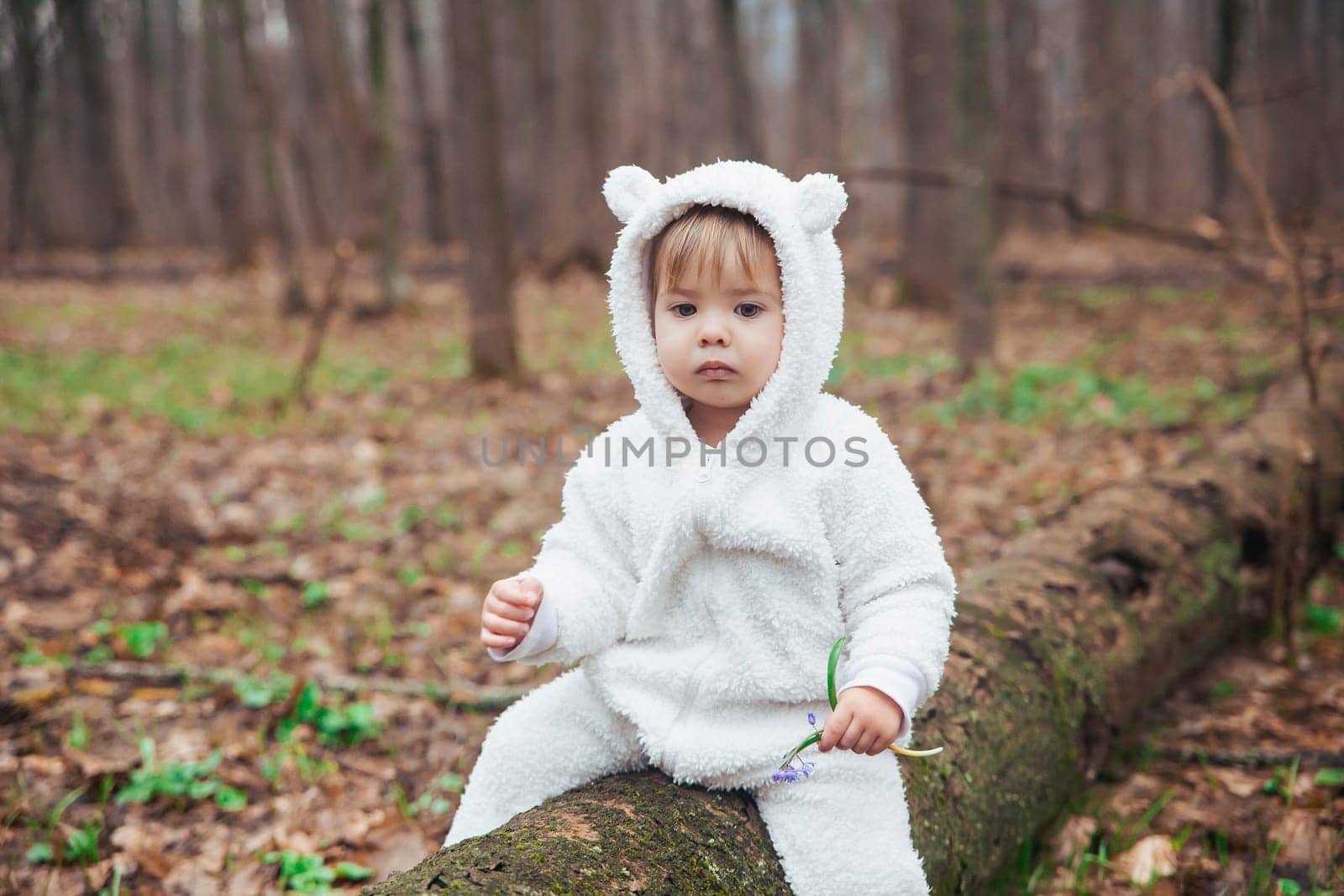 Adorable baby in a bear costume in the forest by a fallen tree by Viktor_Osypenko
