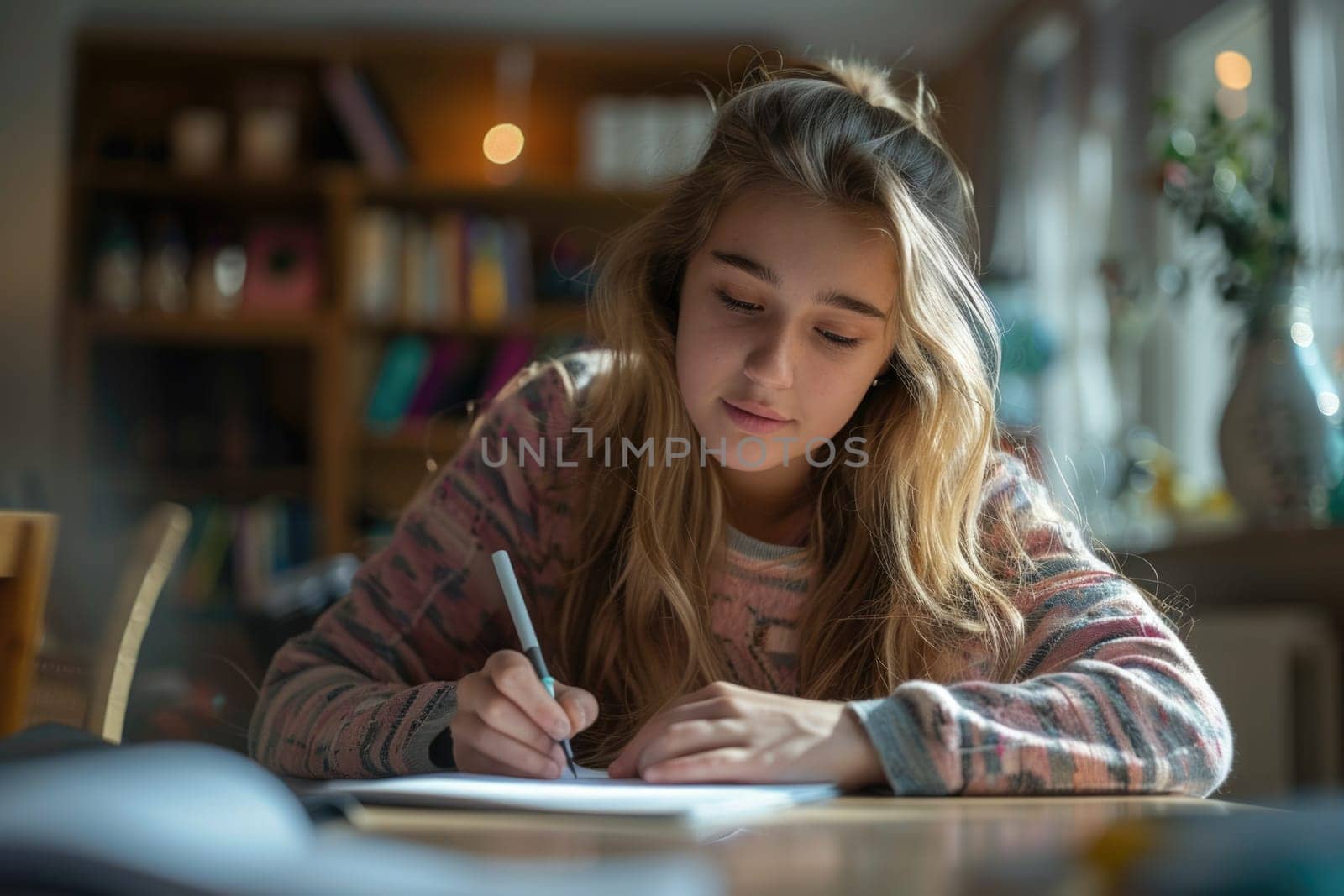 TEENAGE girl SITTING AT THE DESK in the library WRITING homework. ai generated