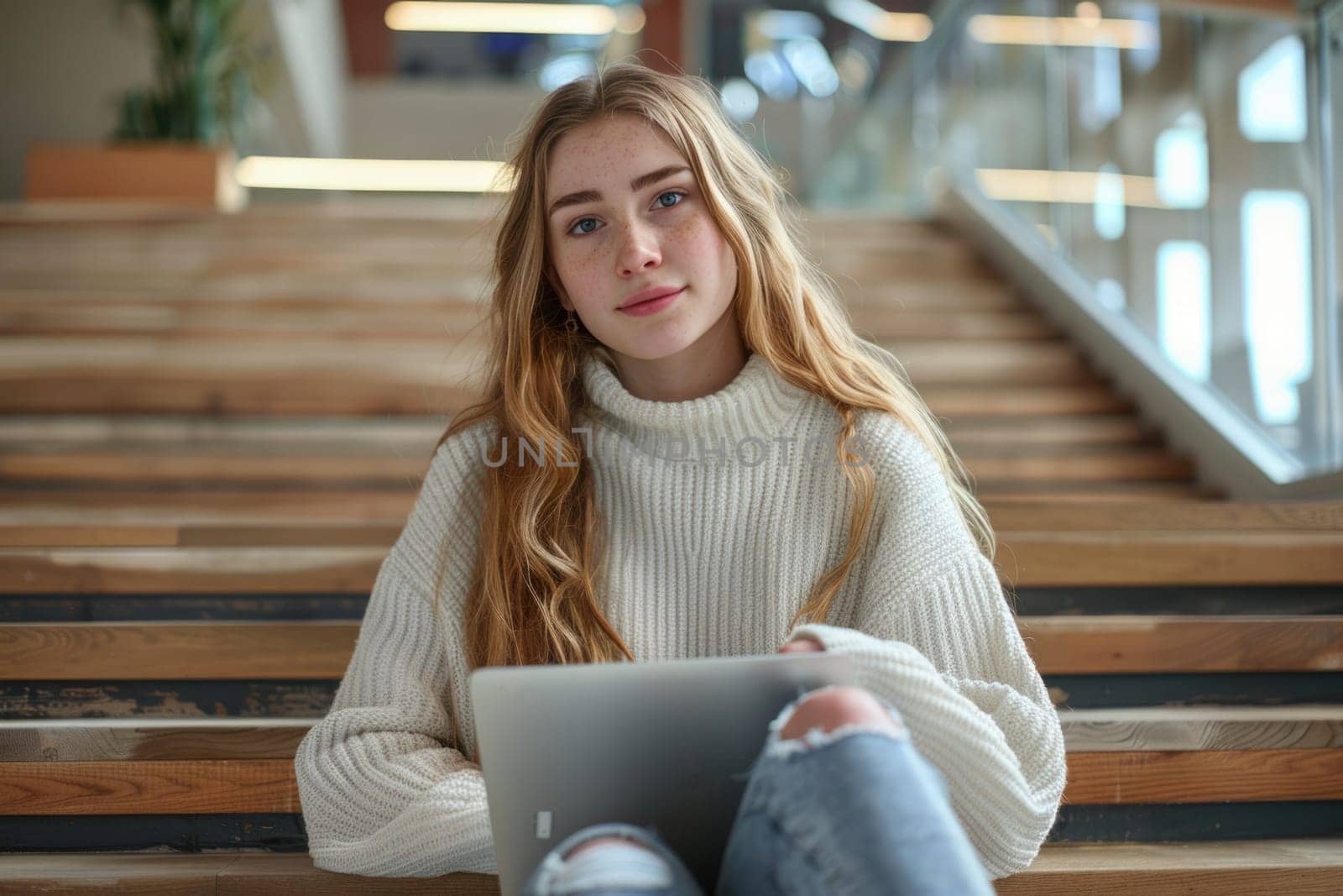 teenage girl sitting on the wooden stairway in college using laptop. ai generated