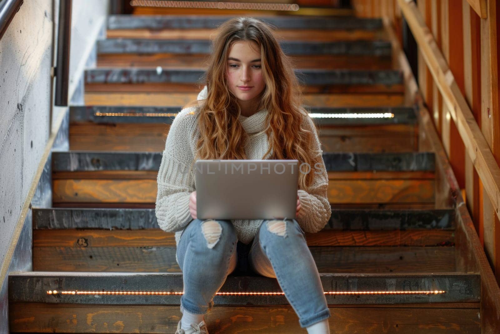 teenage girl sitting on the wooden stairway in college using laptop. ai generated