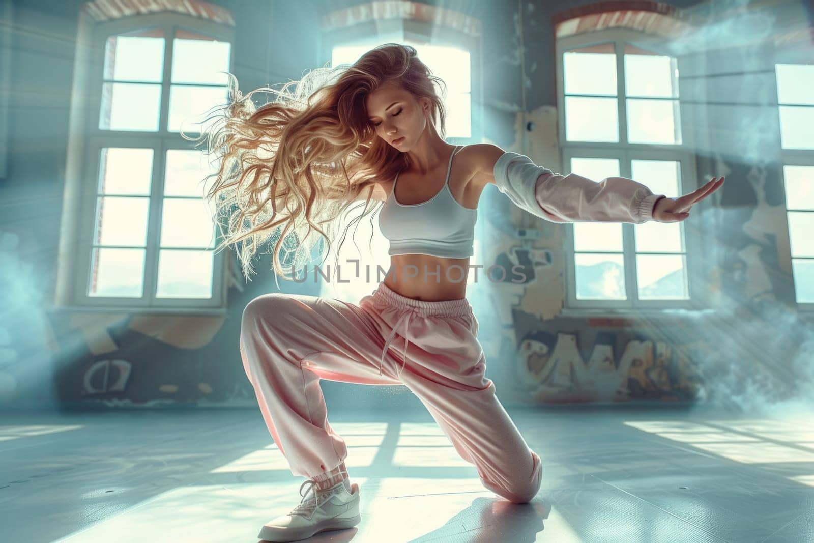 woman dancing breakdance in dancing studio. ai generated by Desperada