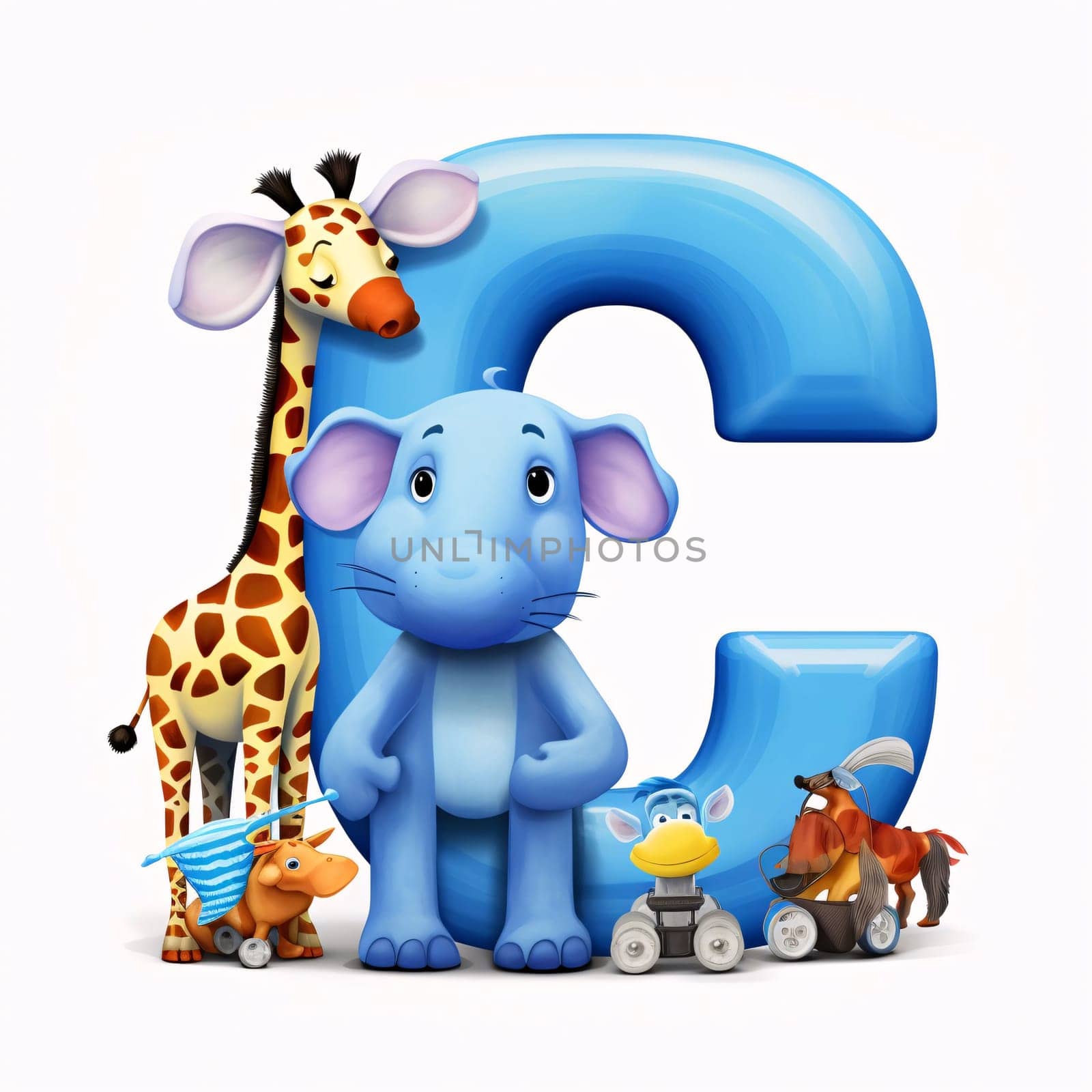 Graphic alphabet letters: 3d Render of Cartoon animal character with 3d letter C