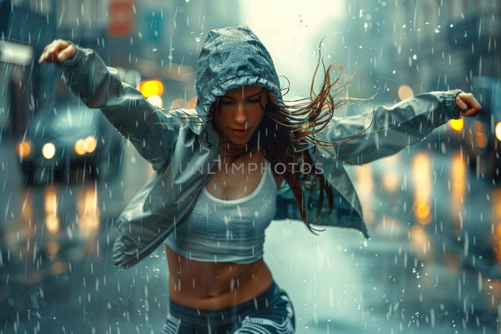 woman dancing hip hop in rain, sportive movements. ai generated by Desperada